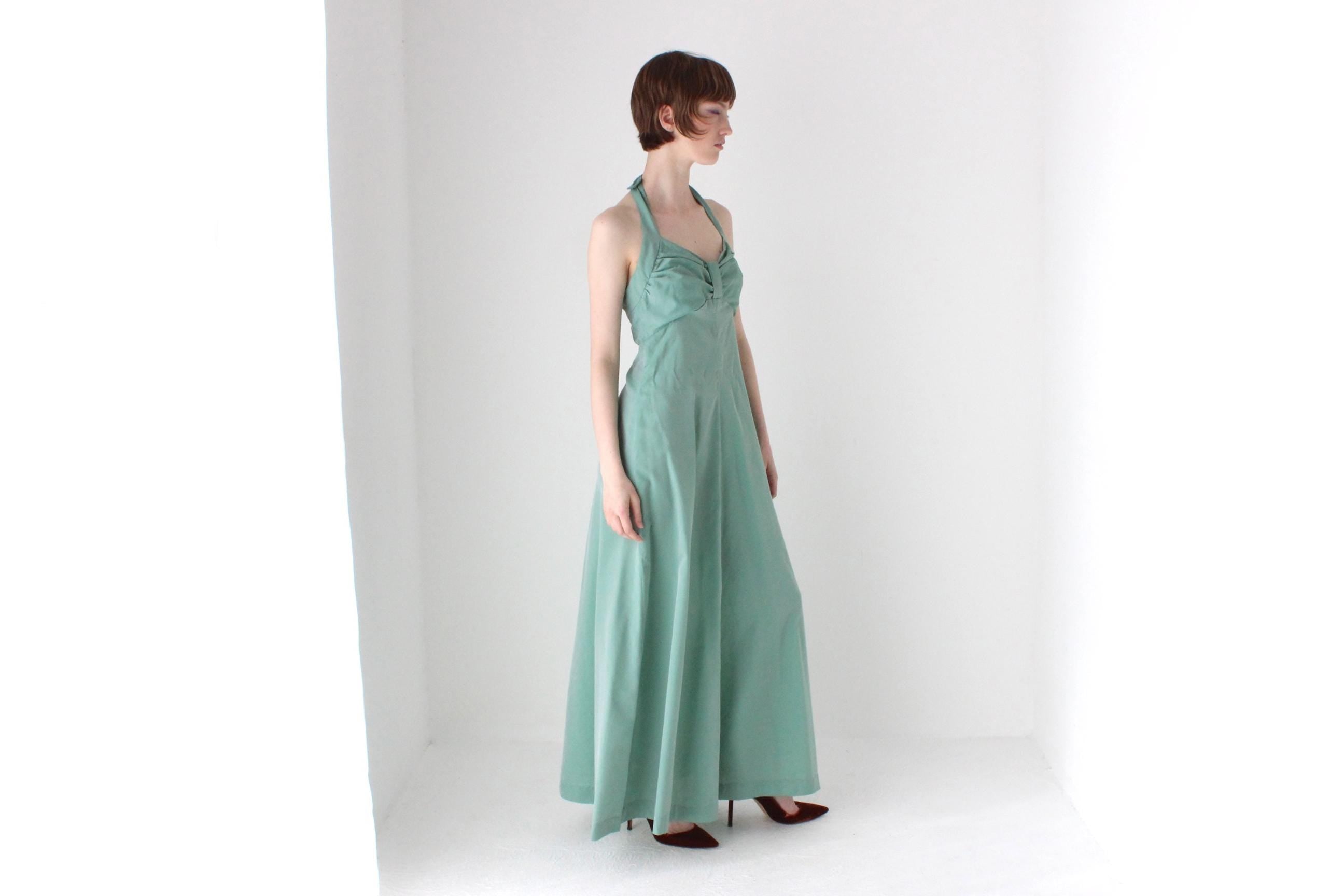 Sexy 70s Seafoam Green Halter Maxi Disco Dress