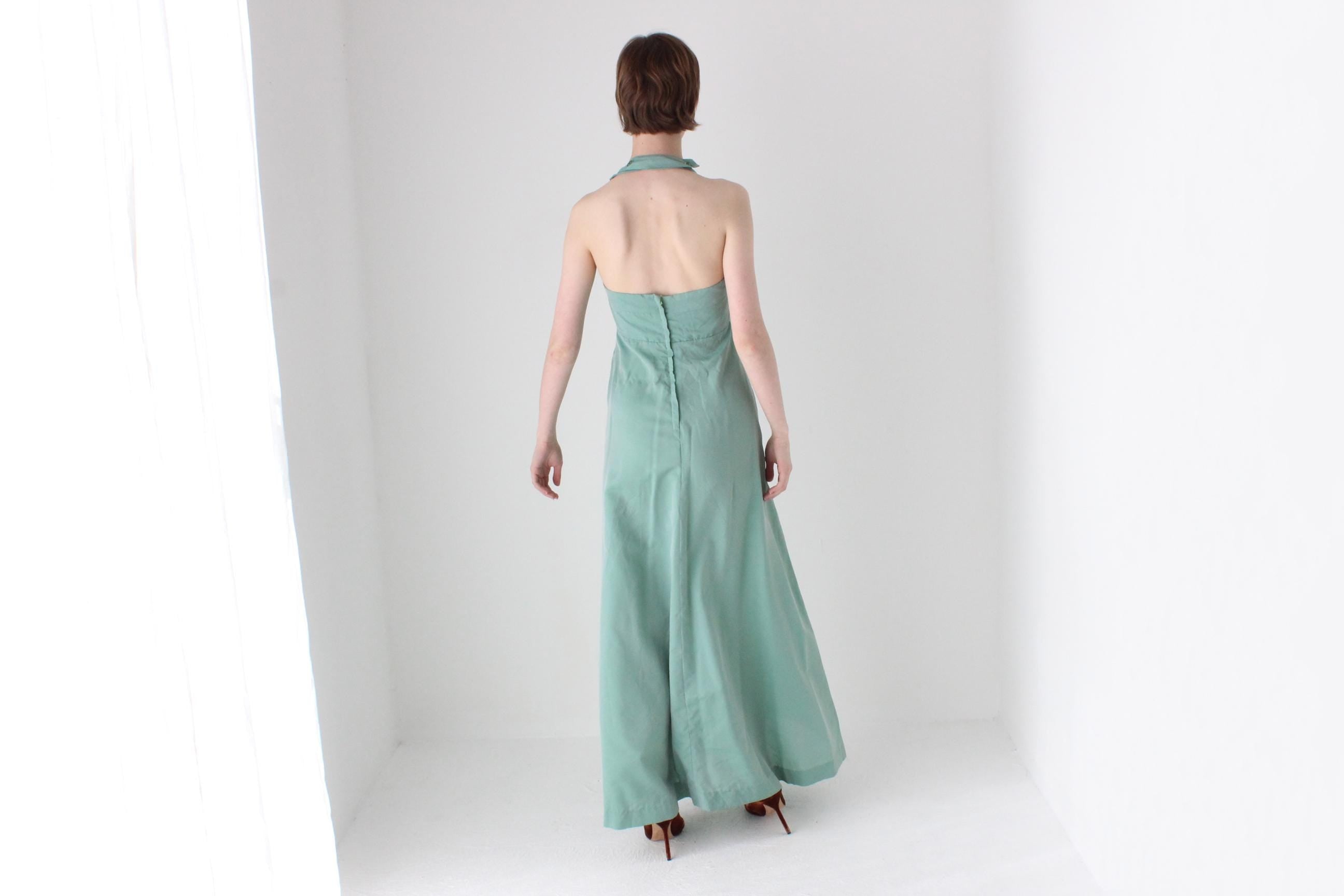 Sexy 70s Seafoam Green Halter Maxi Disco Dress