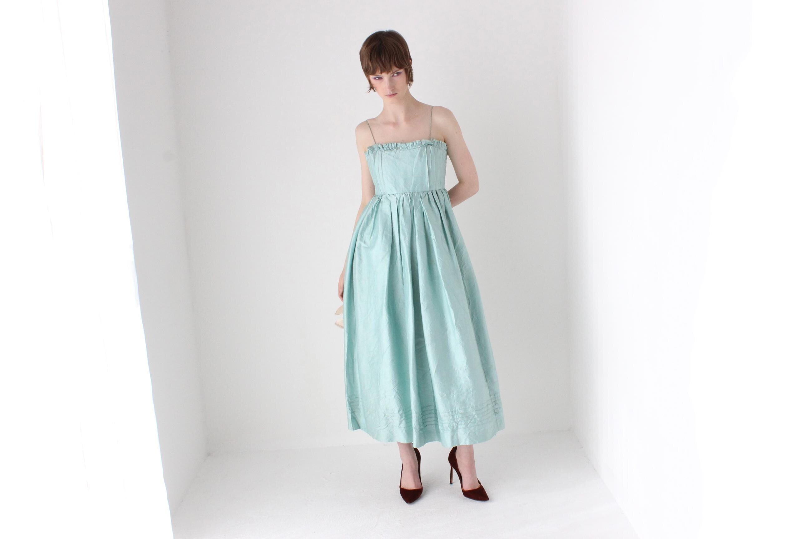 Romantic Handmade 1980s Pastel Raw Silk Voluminous Empire Waist Dress