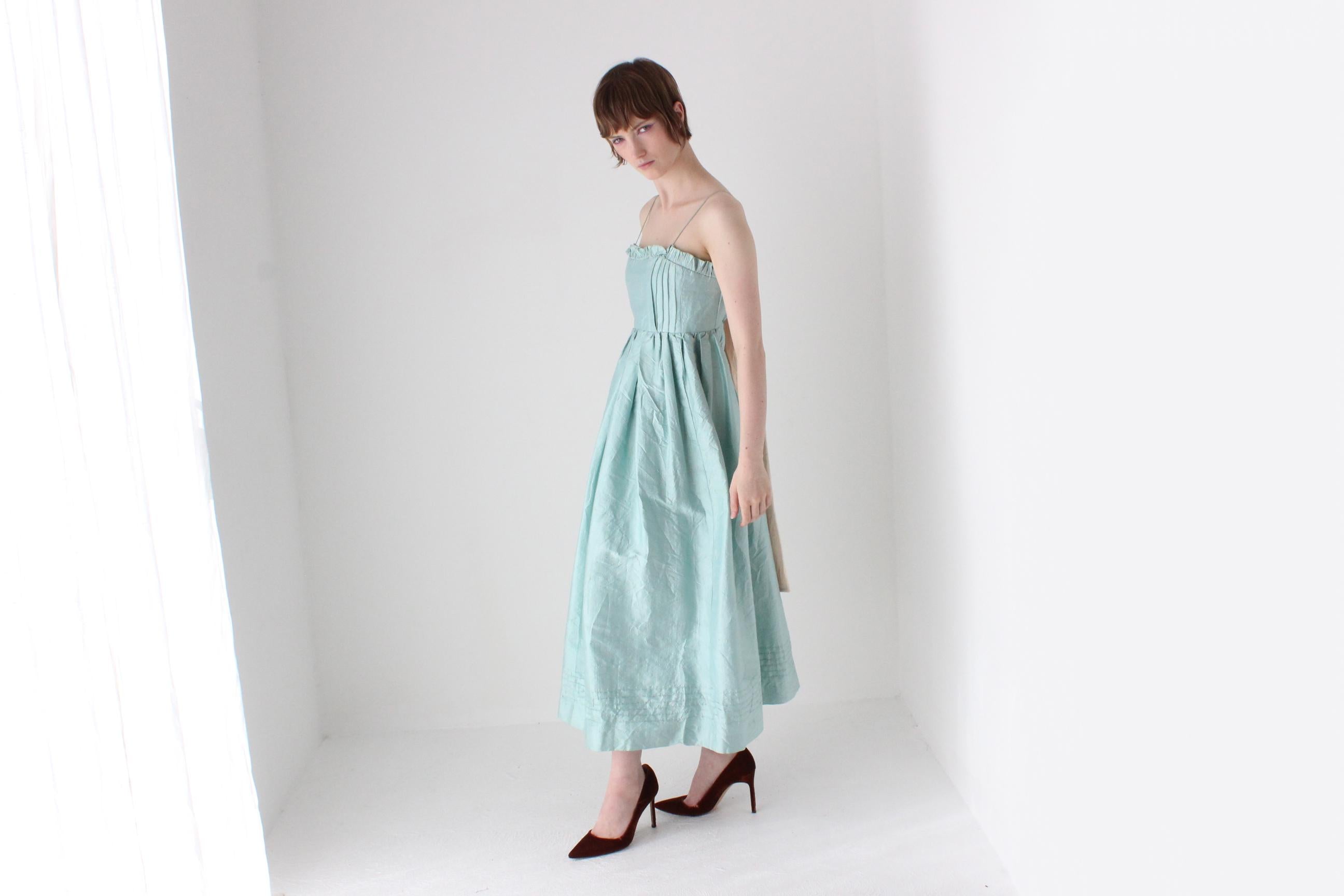 Romantic Handmade 1980s Pastel Raw Silk Voluminous Empire Waist Dress