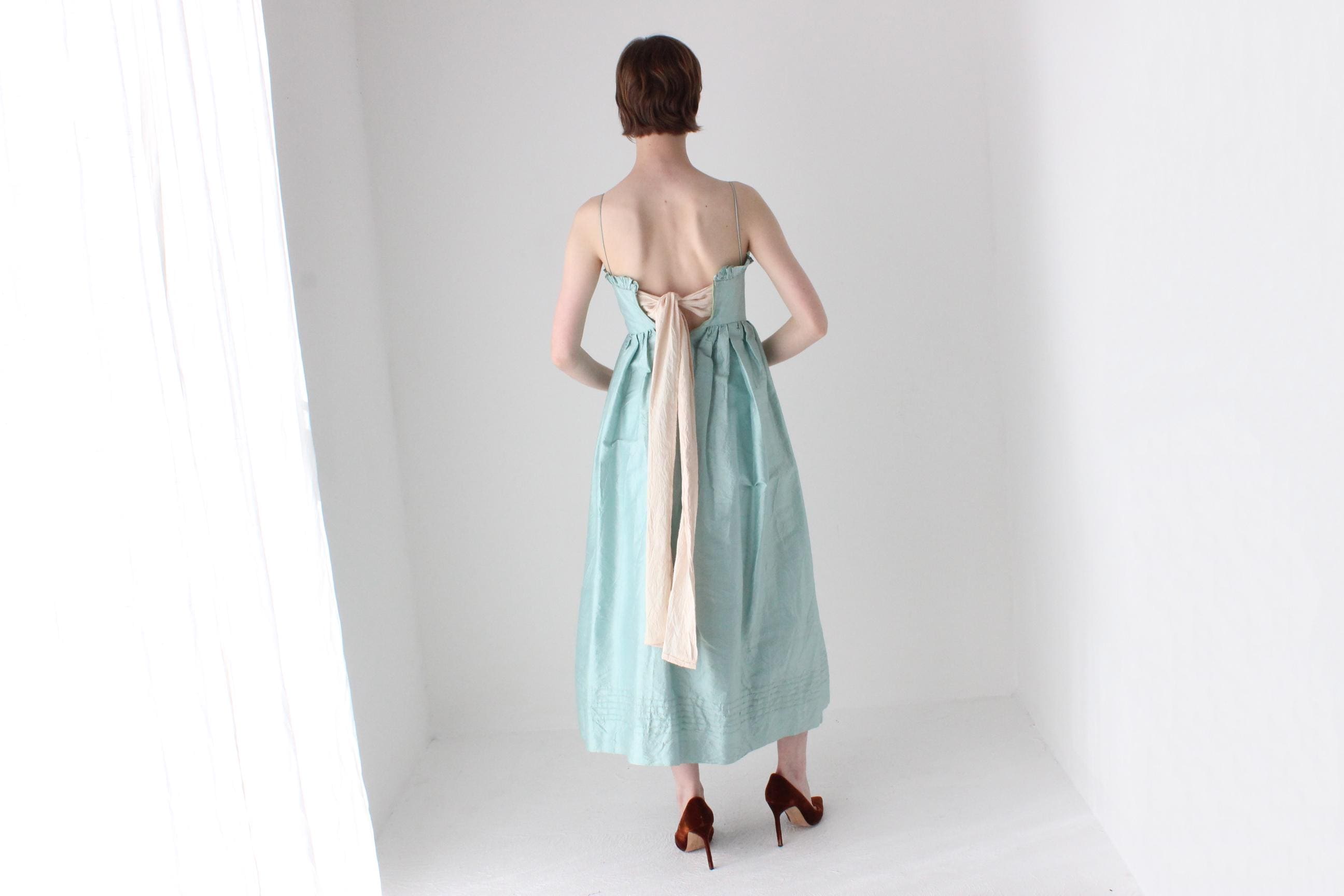 Romantic Handmade 1980s Pastel Raw Silk Voluminous Empire Waist Dress