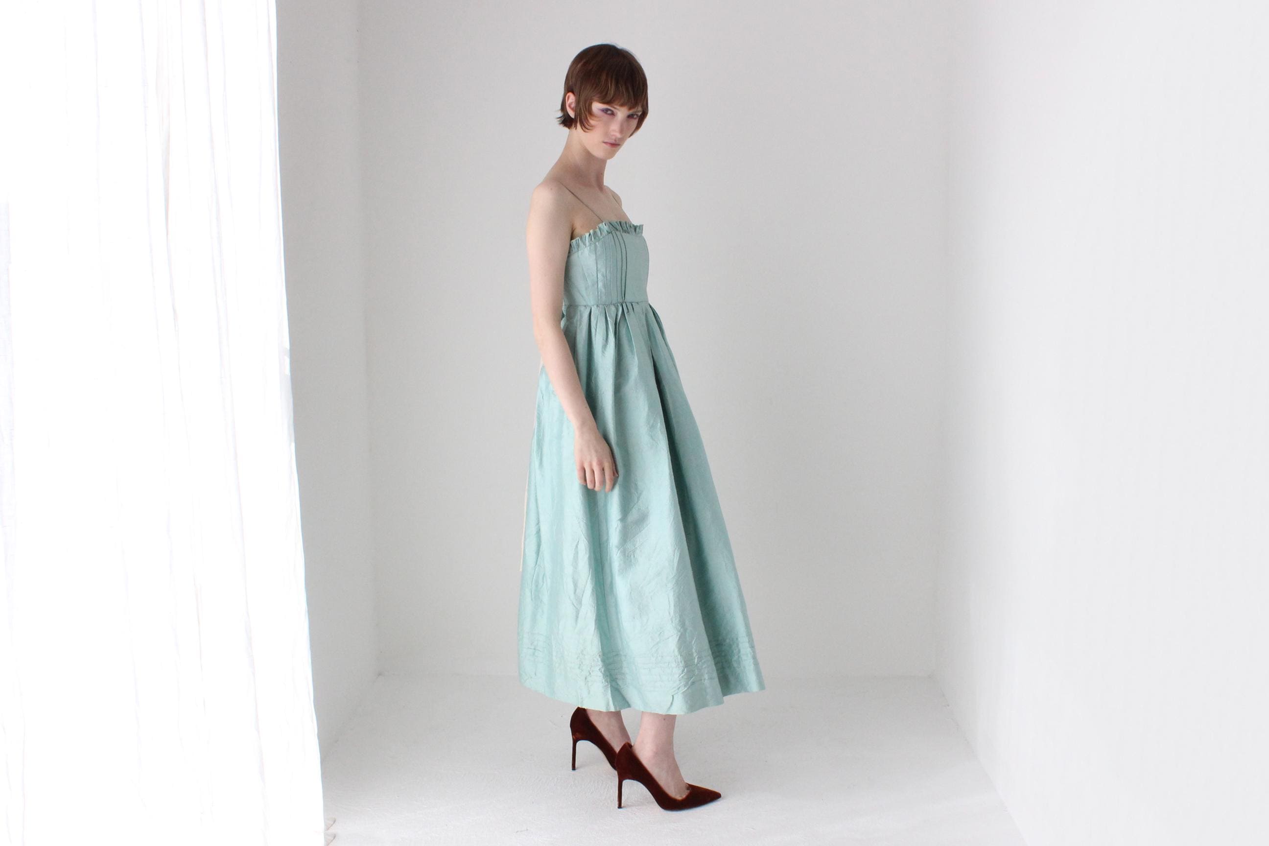 Romantic Handmade 1980s Pastel Raw Silk Voluminous Empire Waist Dress