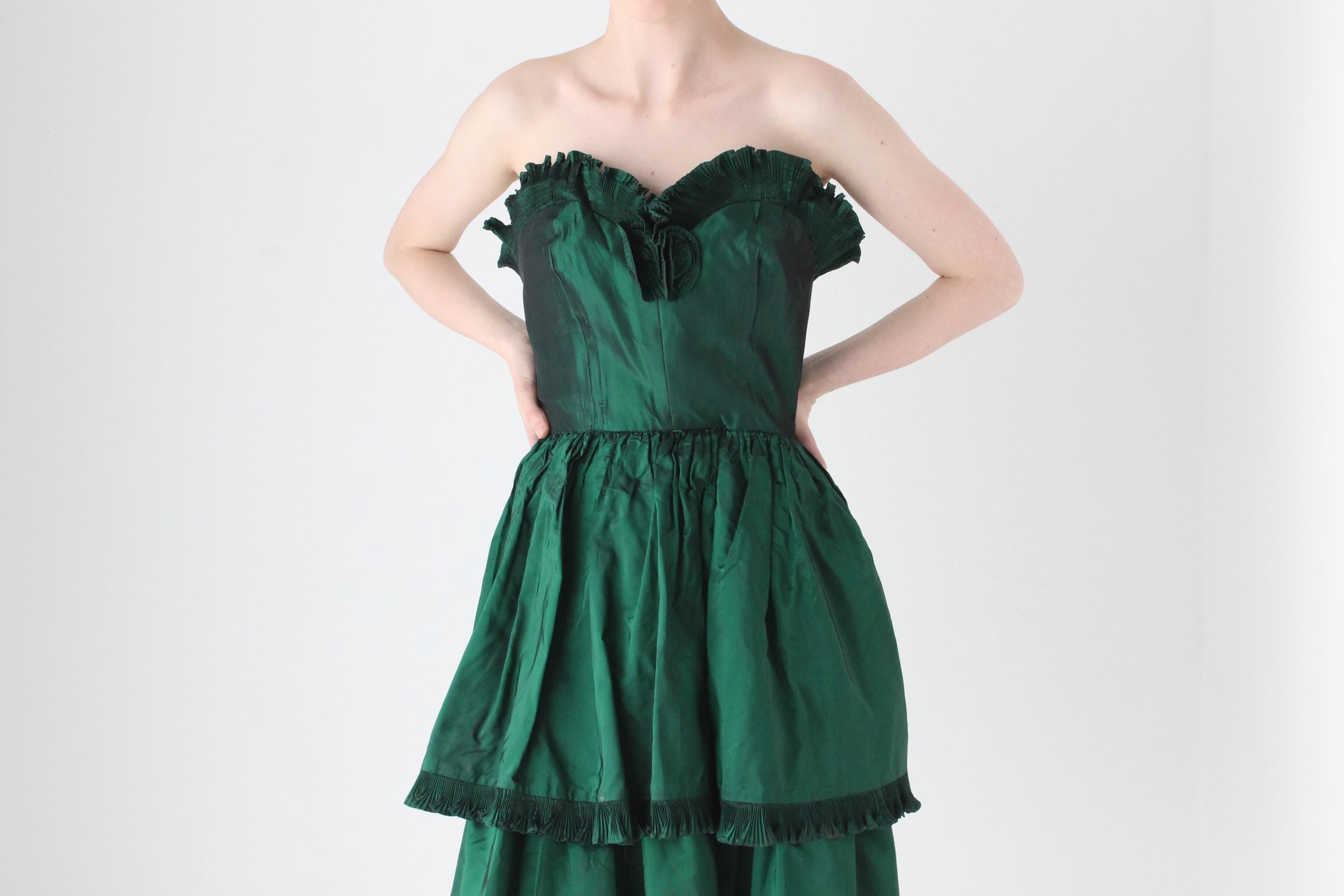 1980s Victor Costa Metallic Taffeta Tiered Ruffle Cocktail Dress