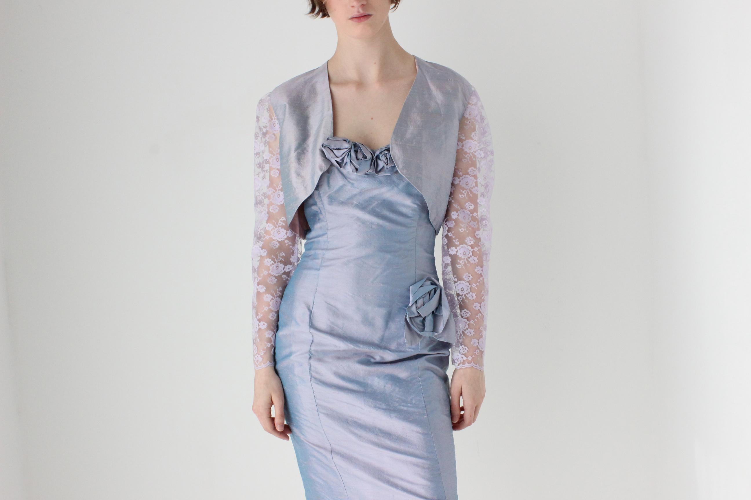 80s Raw Silk Matching Two Piece Rosette Dress & Lace Bolero Set