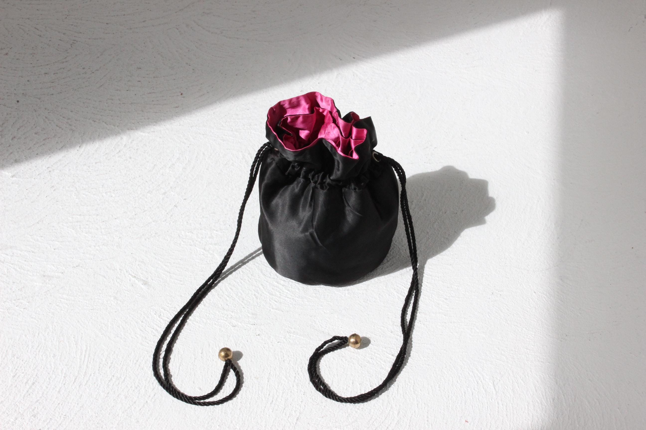 80s Black Satin Drawstring Evening Bag w/ Hot Pink Lining