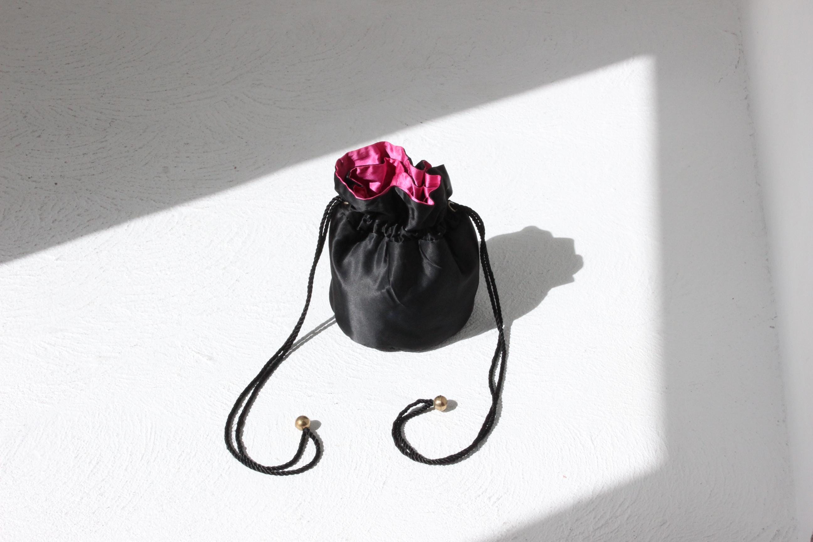 80s Black Satin Drawstring Evening Bag w/ Hot Pink Lining