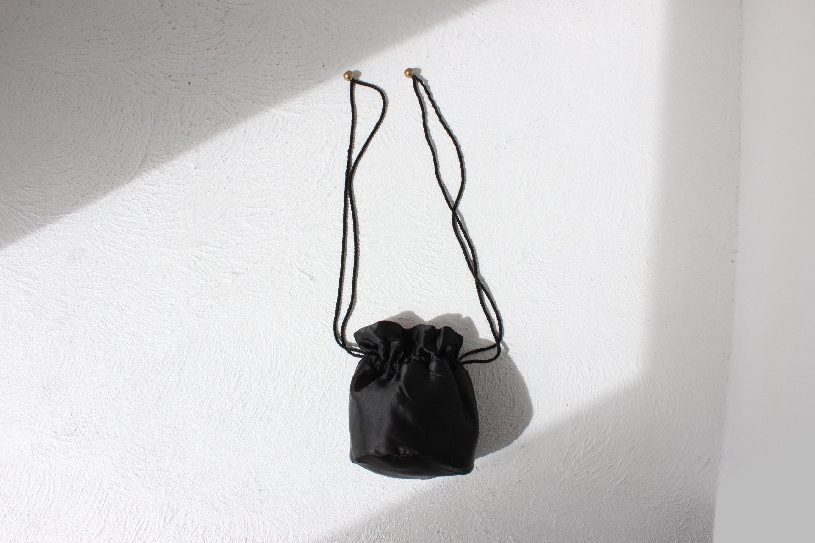 80s Black Satin Drawstring Evening Bag w/ Hot Pink Lining