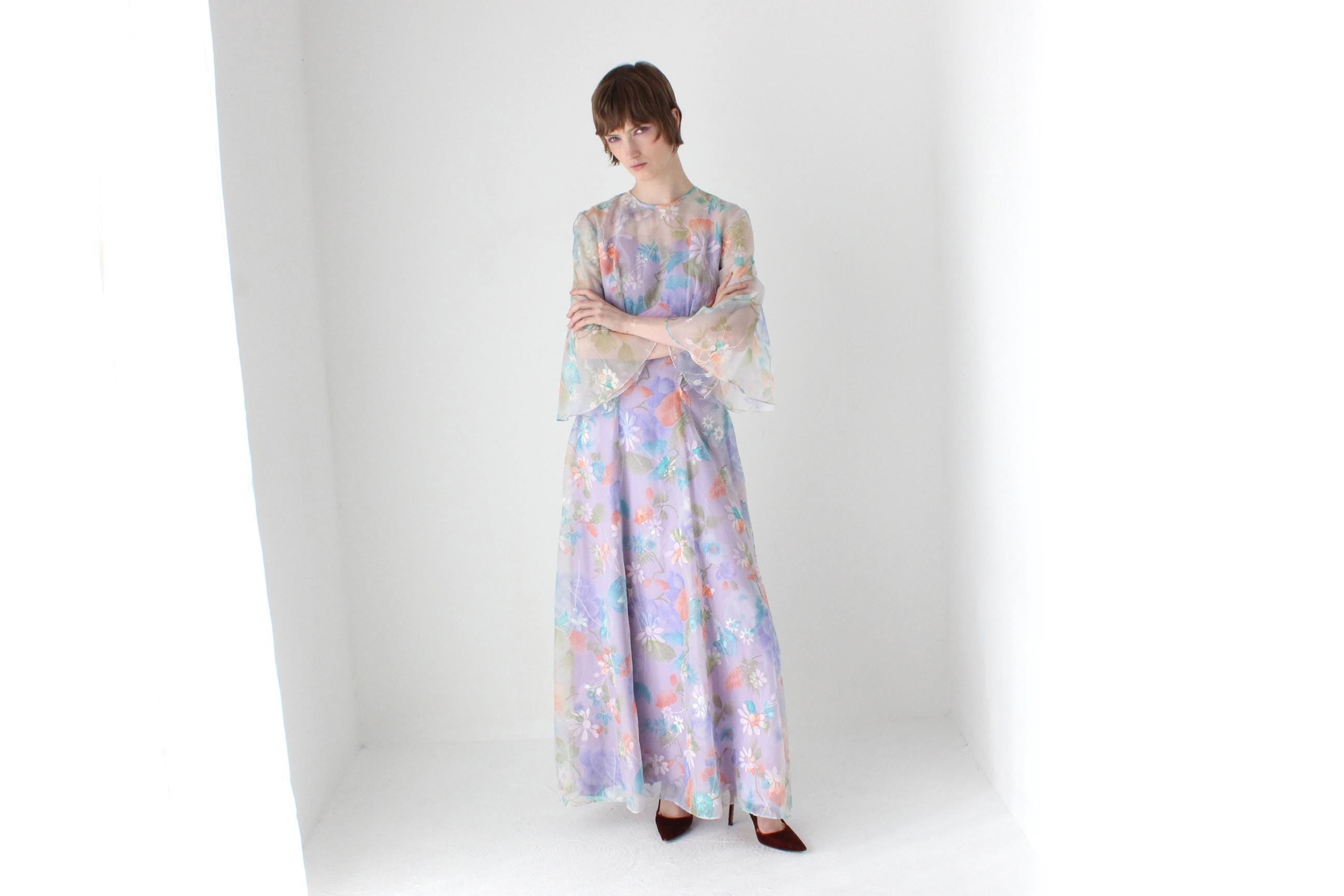 Sweetest 70s Pastel Organza Flare Sleeve Garden Party Dress Sweetest 70s Pastel Organza Flare Sleeve Garden Party Dress