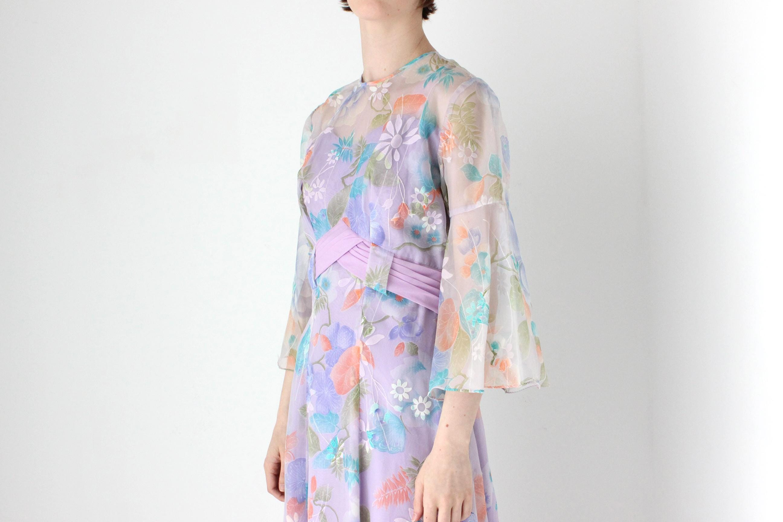 Sweetest 70s Pastel Organza Flare Sleeve Garden Party Dress Sweetest 70s Pastel Organza Flare Sleeve Garden Party Dress