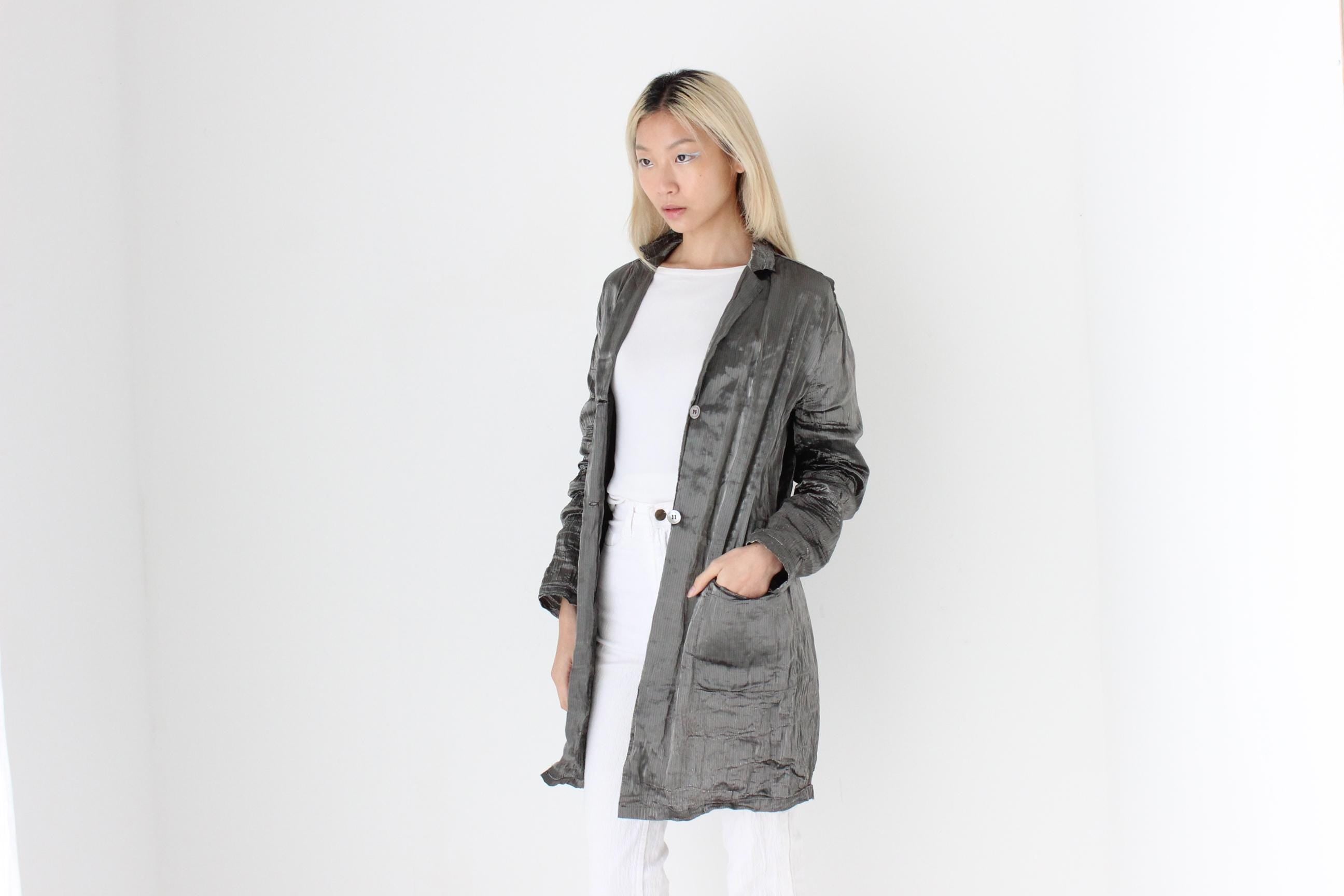 FUTURISM 90s Metallic Silver Lamé Technical Coat