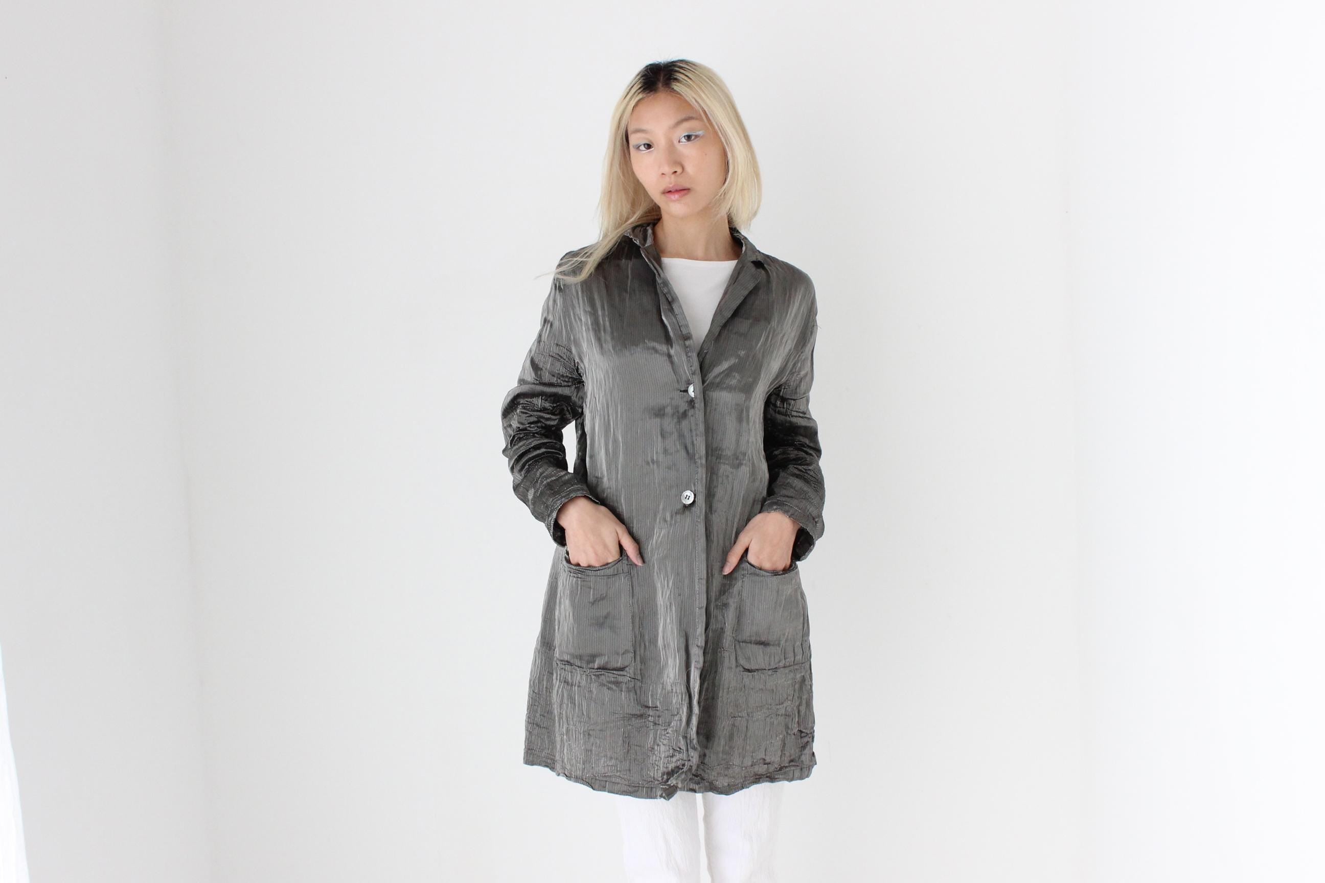 FUTURISM 90s Metallic Silver Lamé Technical Coat