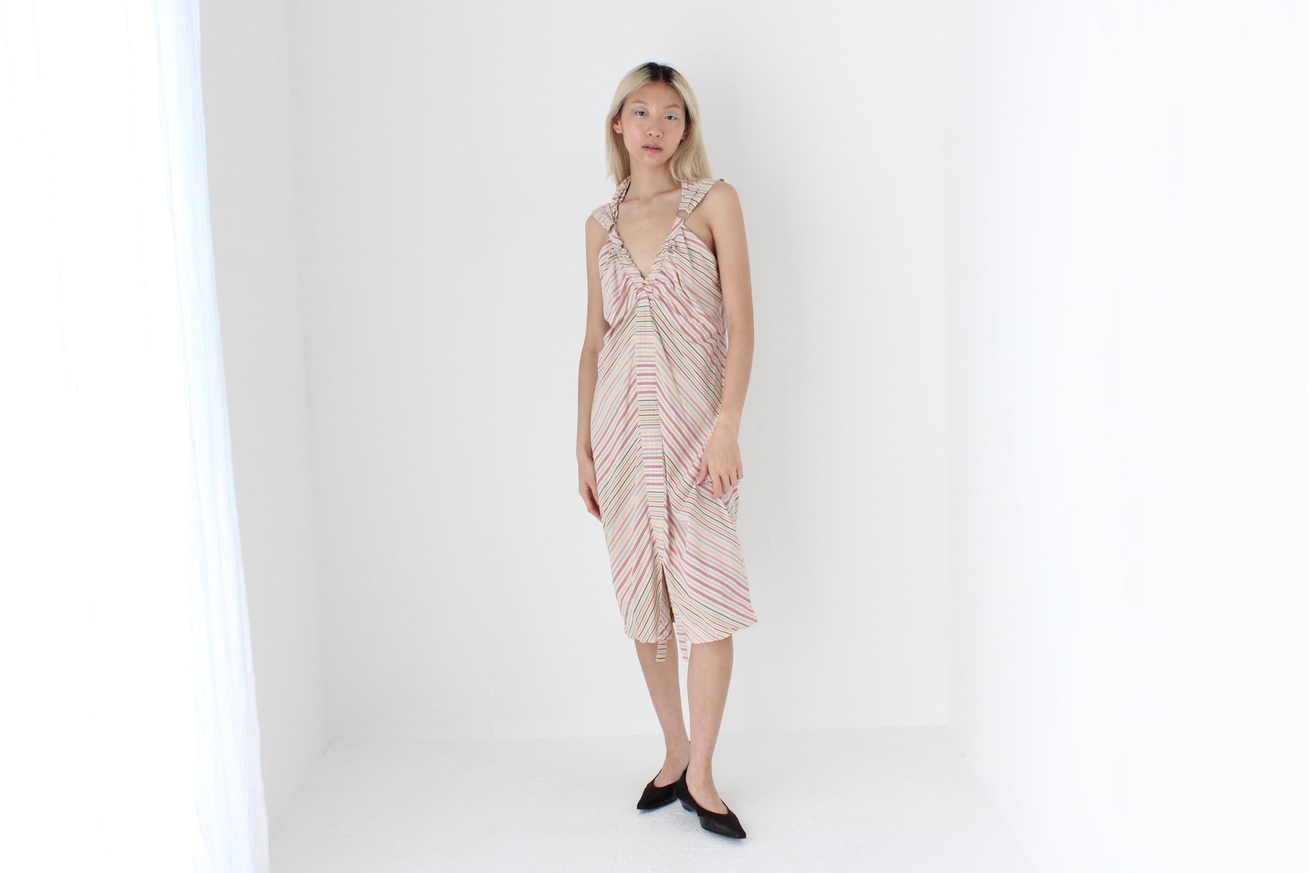 FUTURISM Y2K Designer Relaxed Pastel Striped Dress w/ O-Ring Details