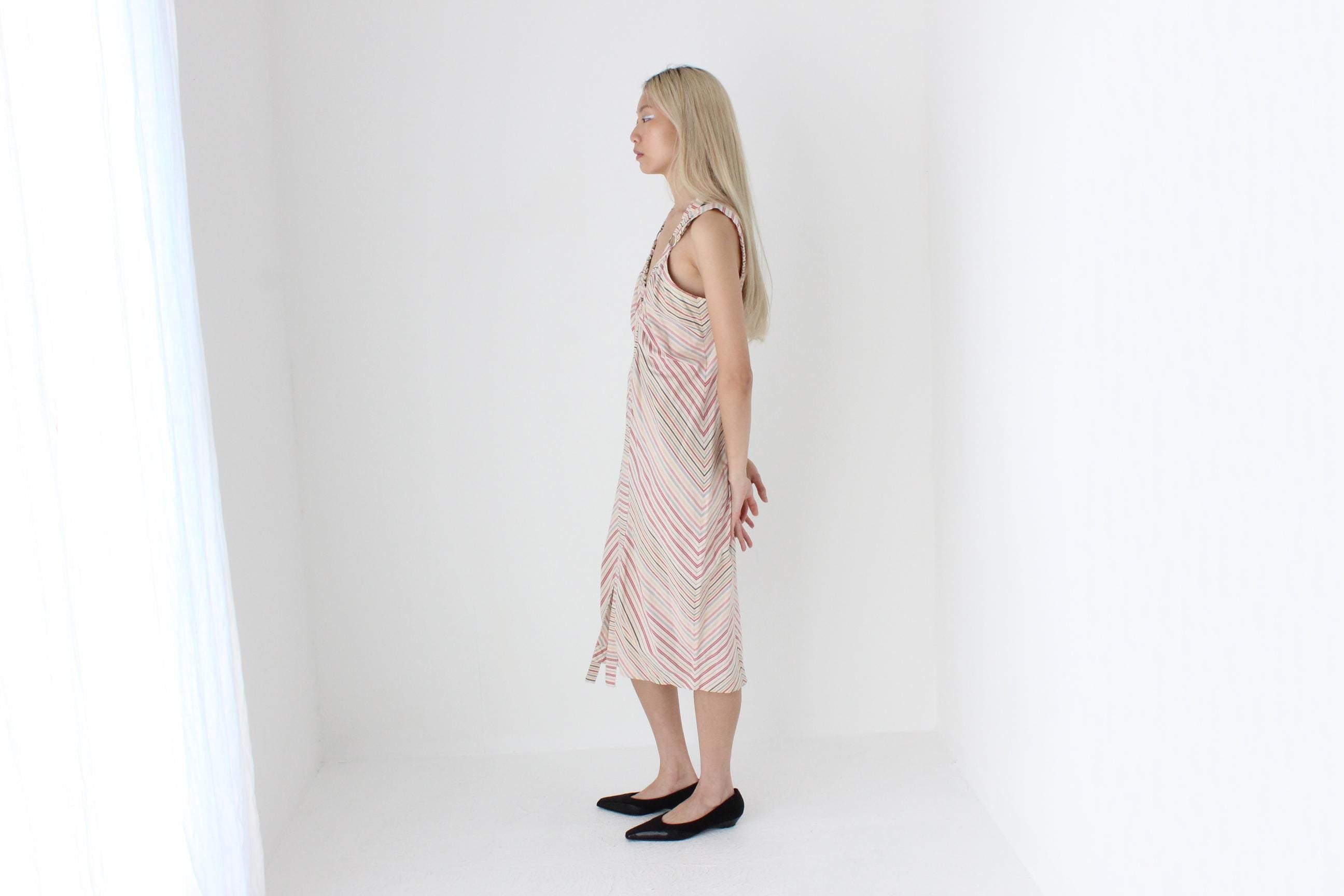 FUTURISM Y2K Designer Relaxed Pastel Striped Dress w/ O-Ring Details