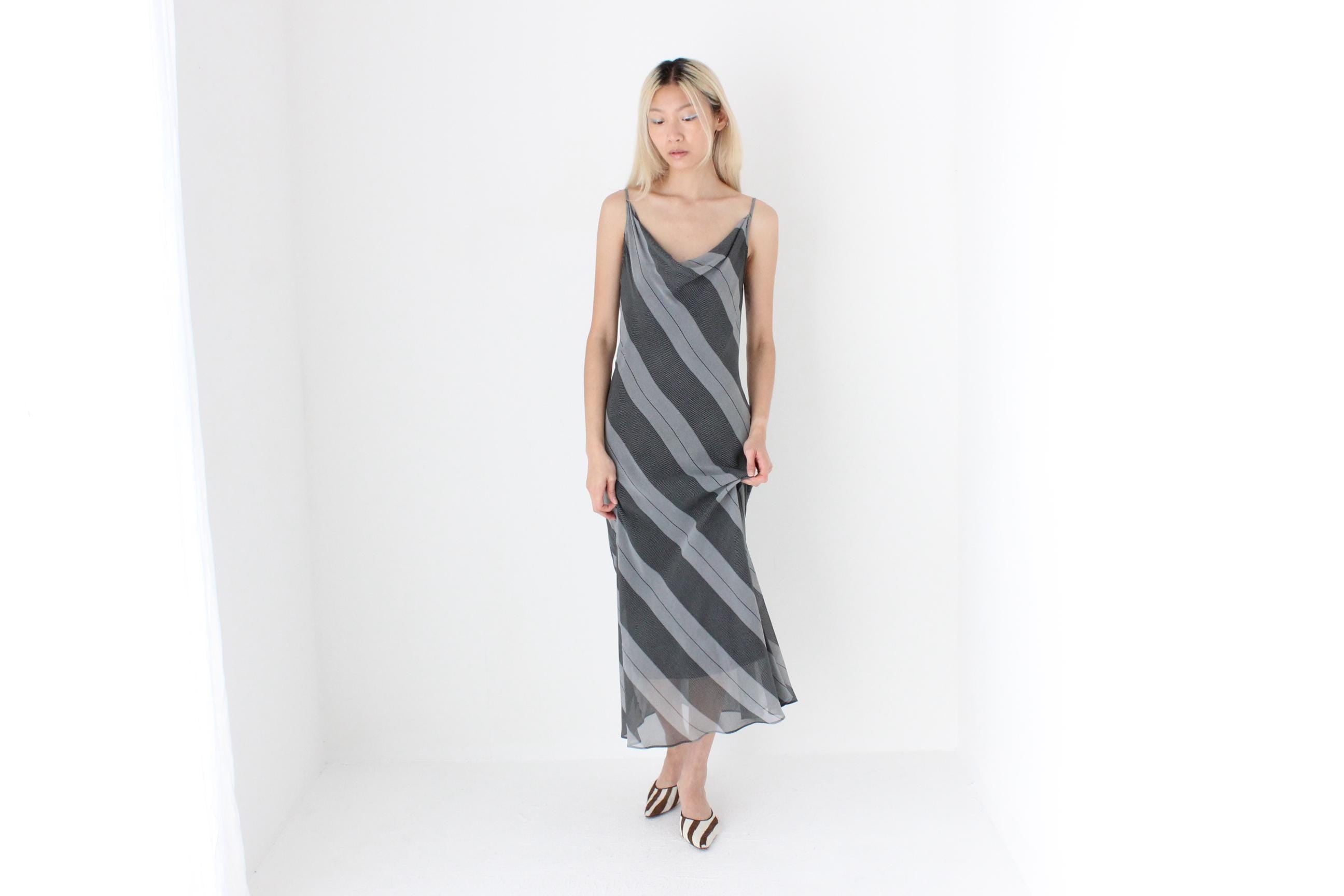 FUTURISM Y2K Monochrome Stripe Bias Cut Slip Dress