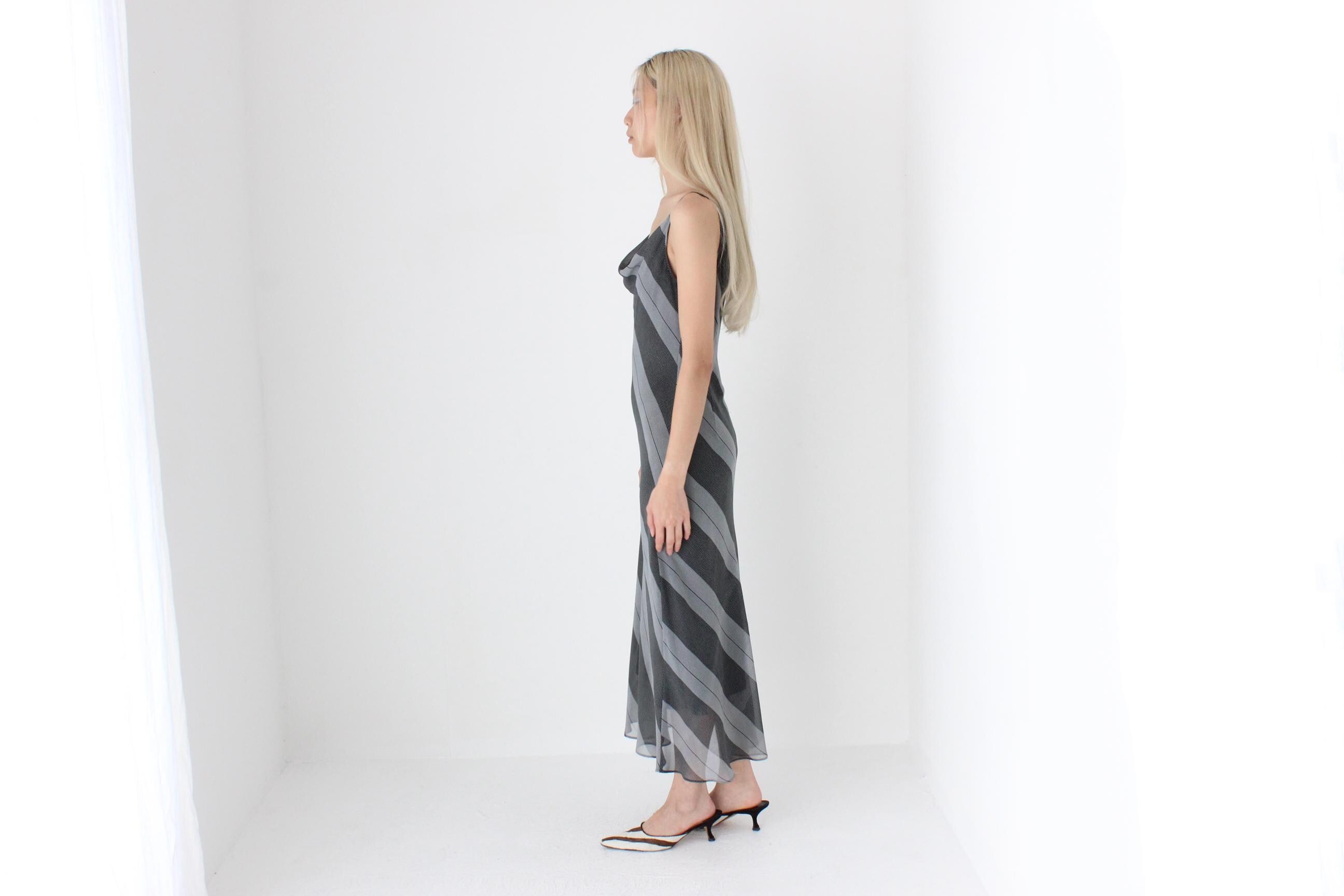 FUTURISM Y2K Monochrome Stripe Bias Cut Slip Dress