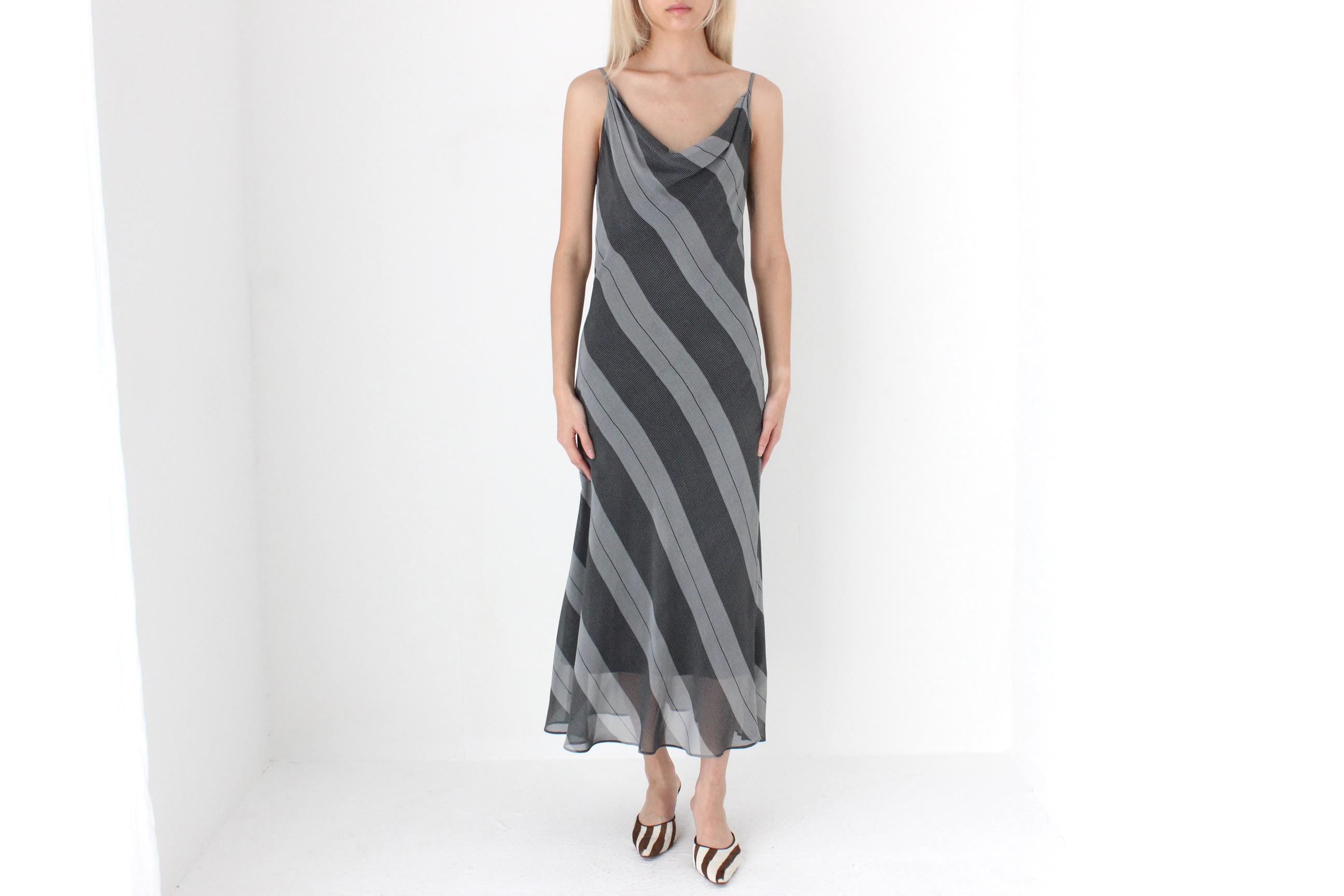 FUTURISM Y2K Monochrome Stripe Bias Cut Slip Dress