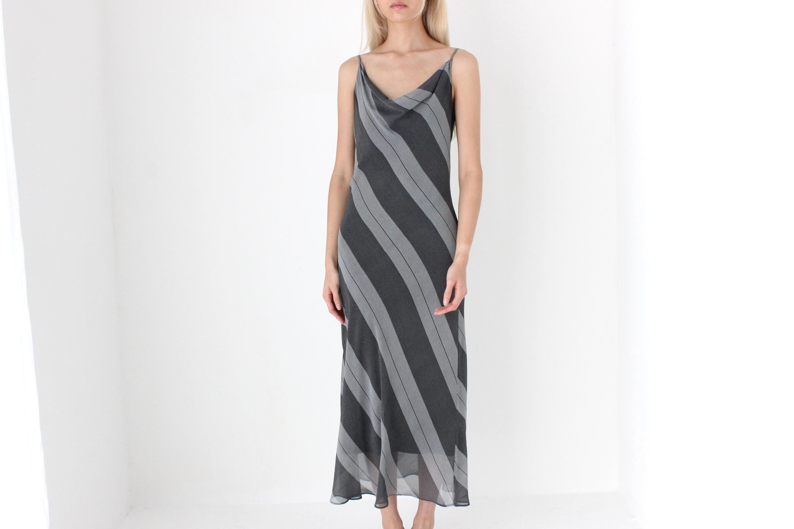 FUTURISM Y2K Monochrome Stripe Bias Cut Slip Dress