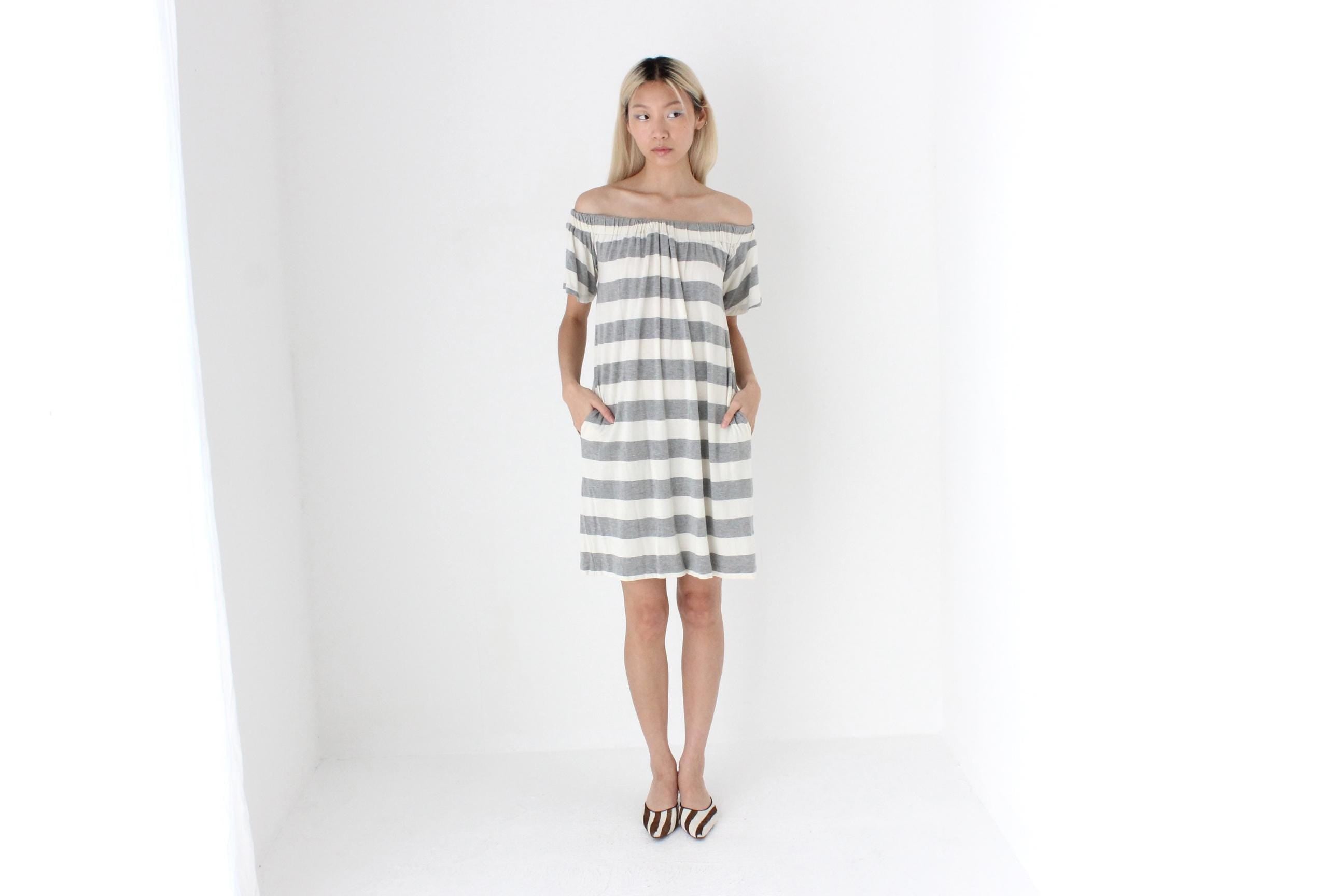 FUTURISM 2000s Bold Stripe Off Shoulder Tee Dress