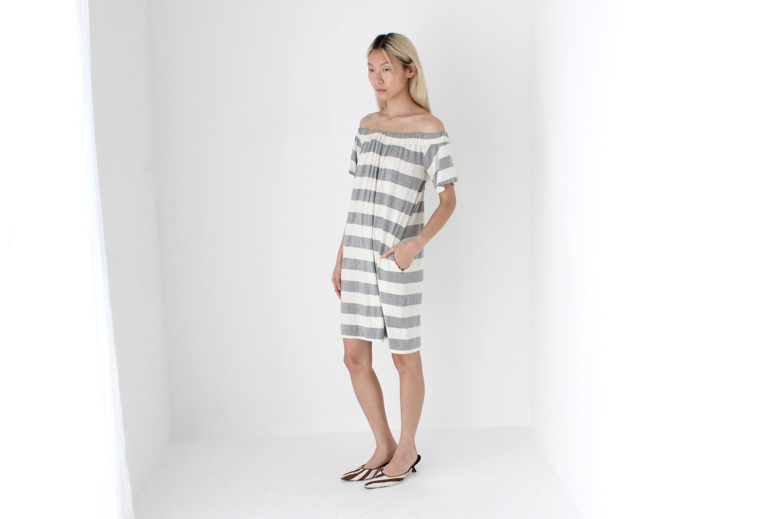 FUTURISM 2000s Bold Stripe Off Shoulder Tee Dress