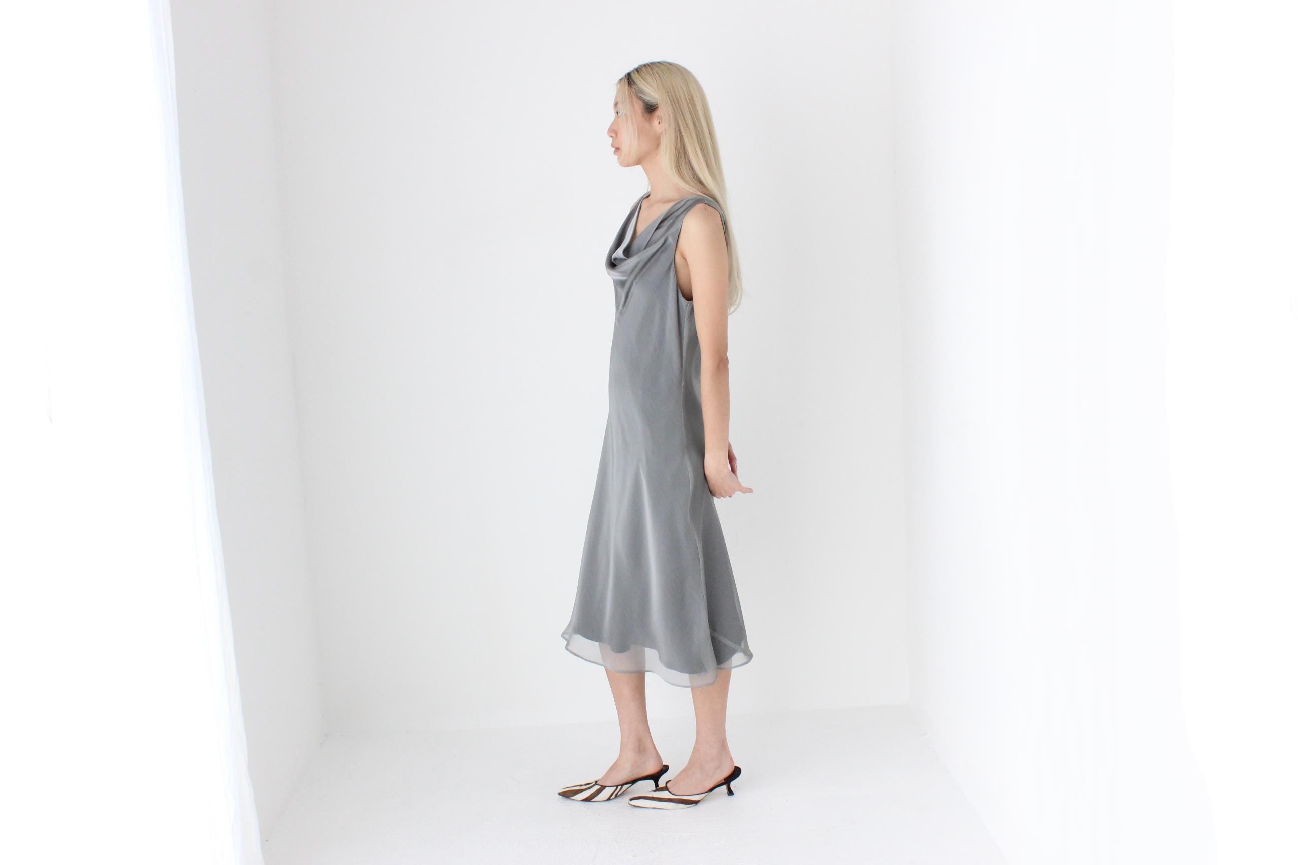 FUTURISM 90s Metallic Gunmetal Draped Bias Dress