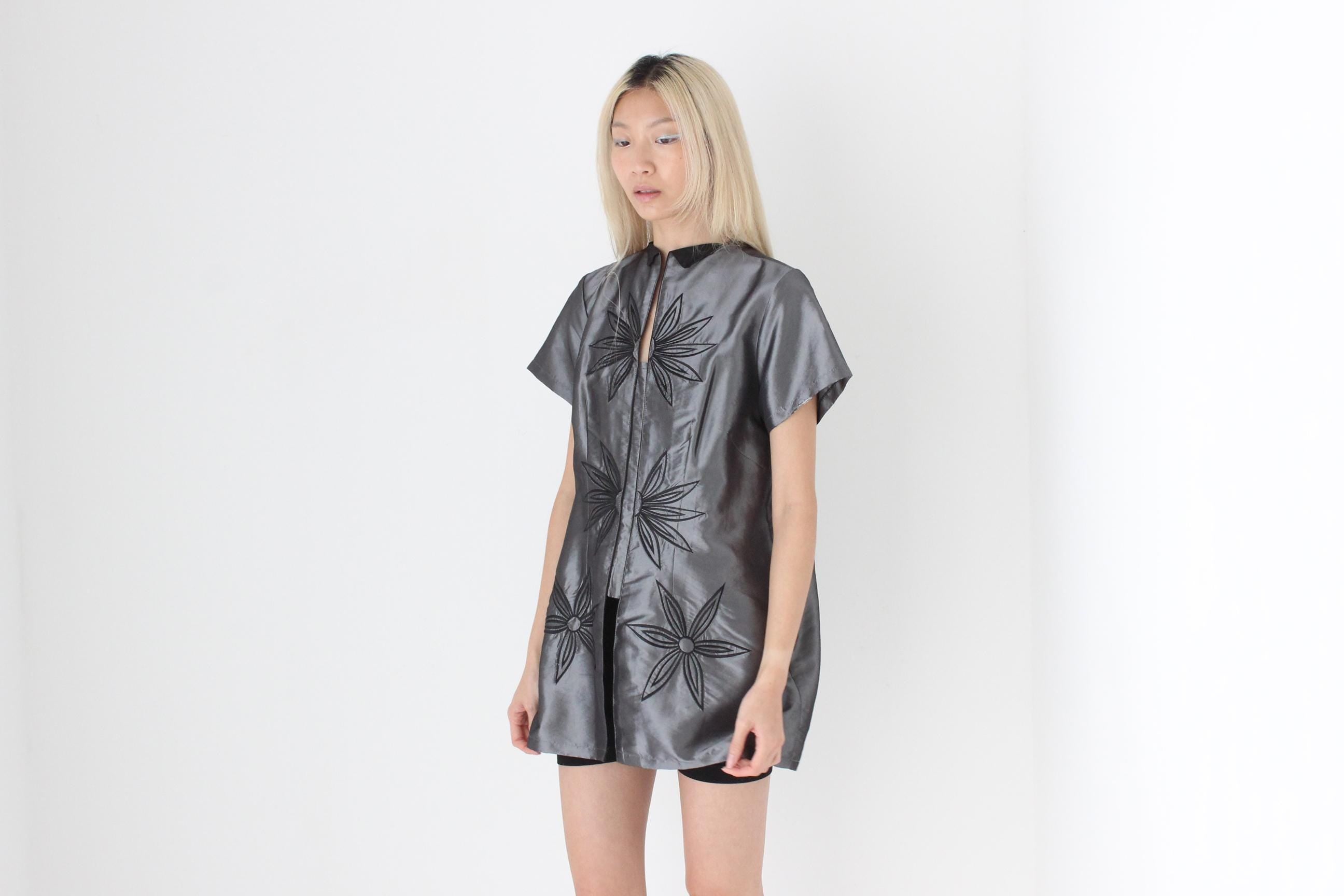 FUTURISM 90s Chrome Metallic Taffeta High Collar Top or Mini