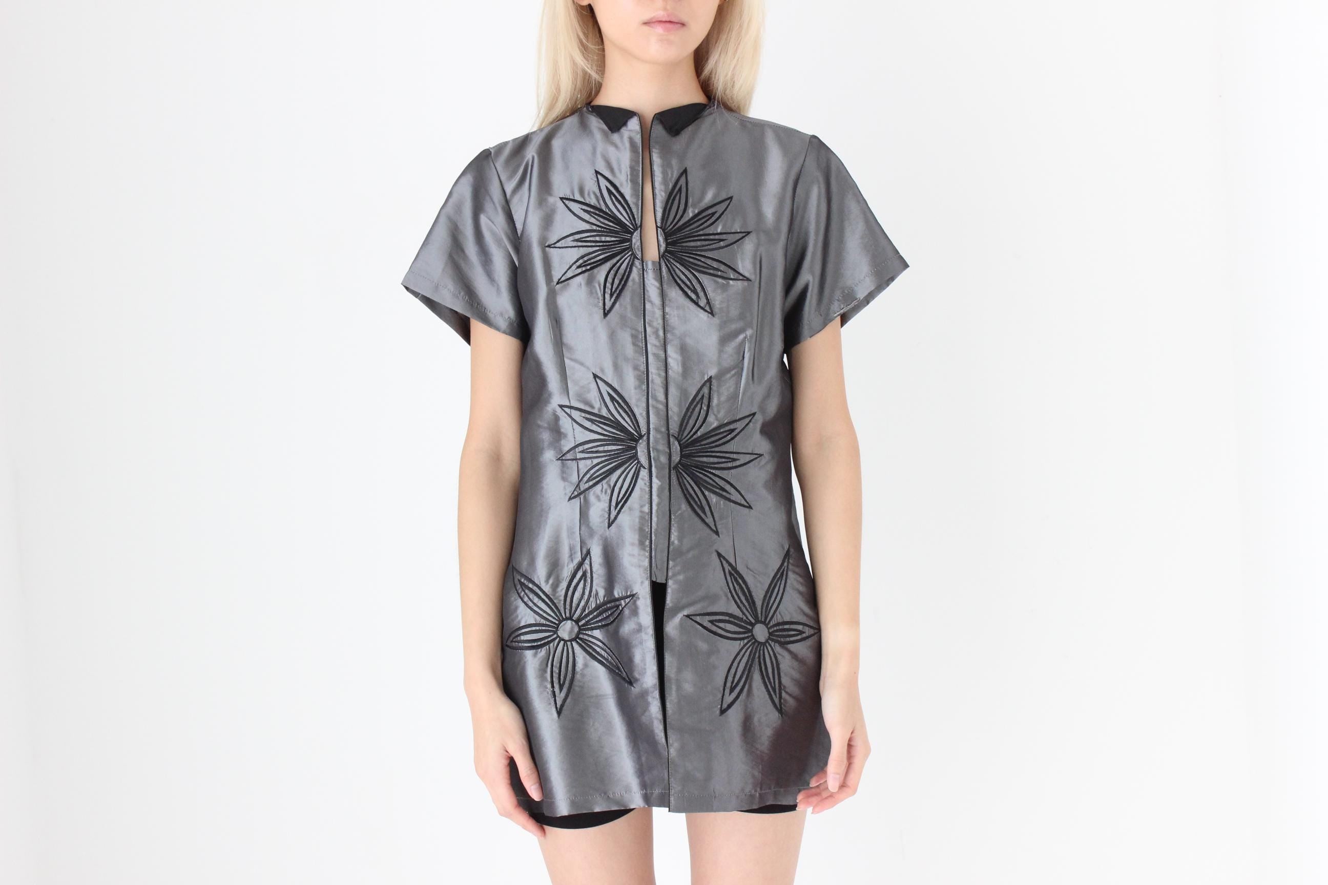 FUTURISM 90s Chrome Metallic Taffeta High Collar Top or Mini