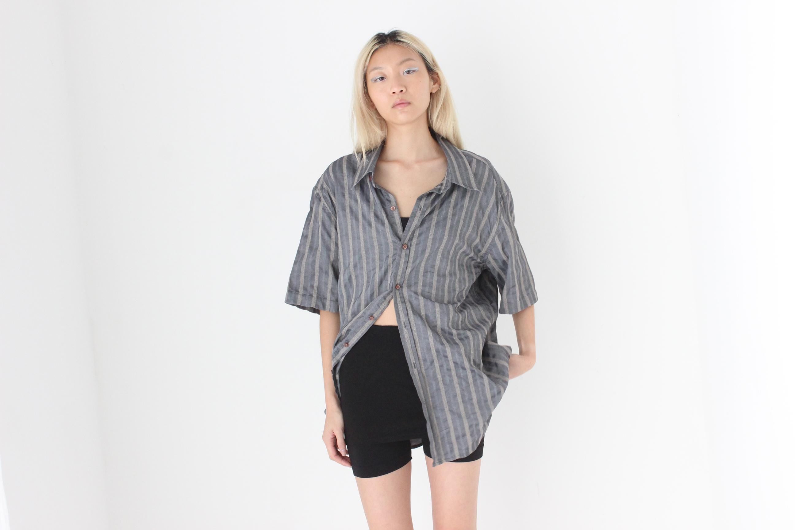 FUTURISM 90s Metallic Boxy Stripe Button Up
