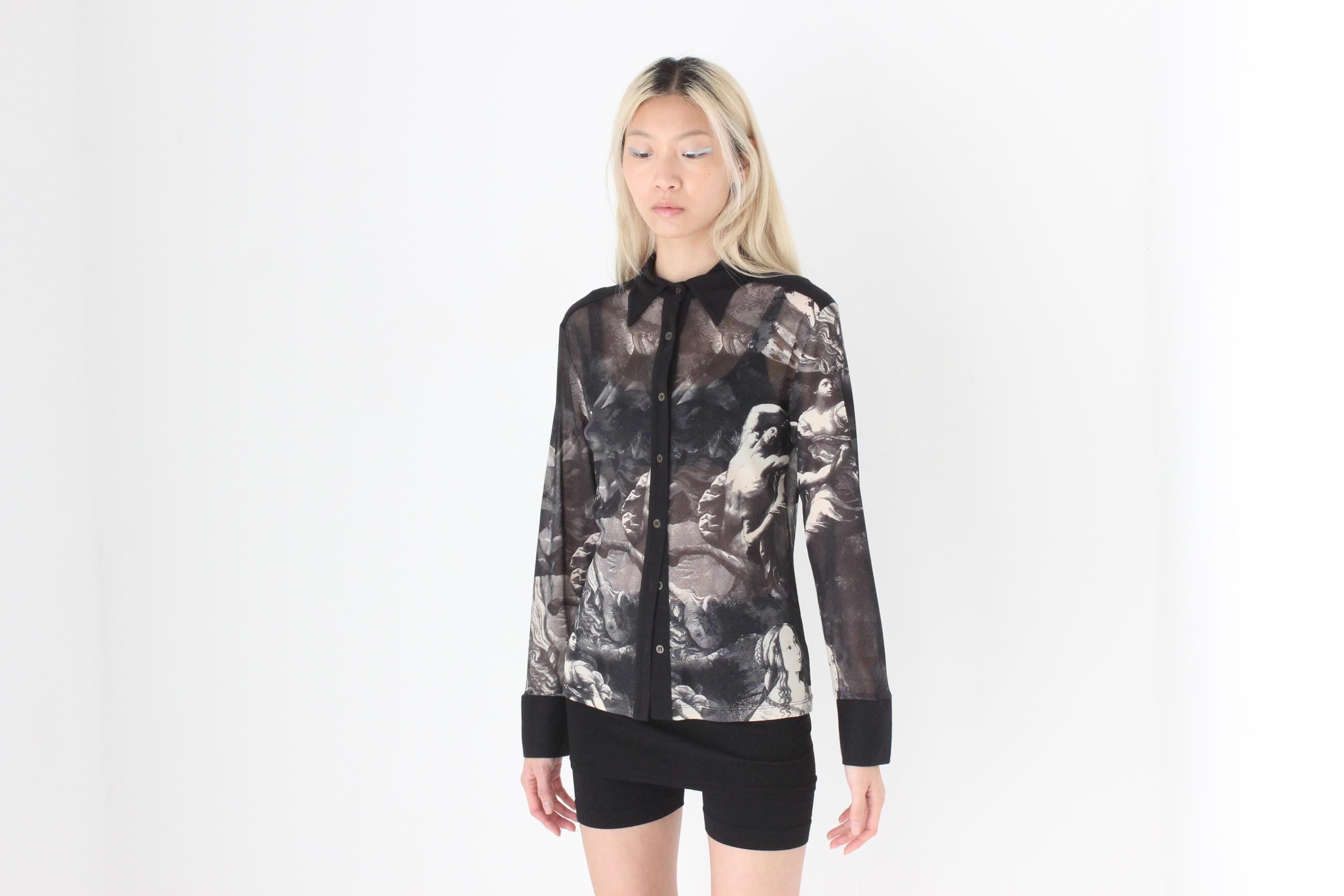 FUTURISM Original 90s Unreal Renaissance Monochromatic Abstract Printed Mesh Button Front Top