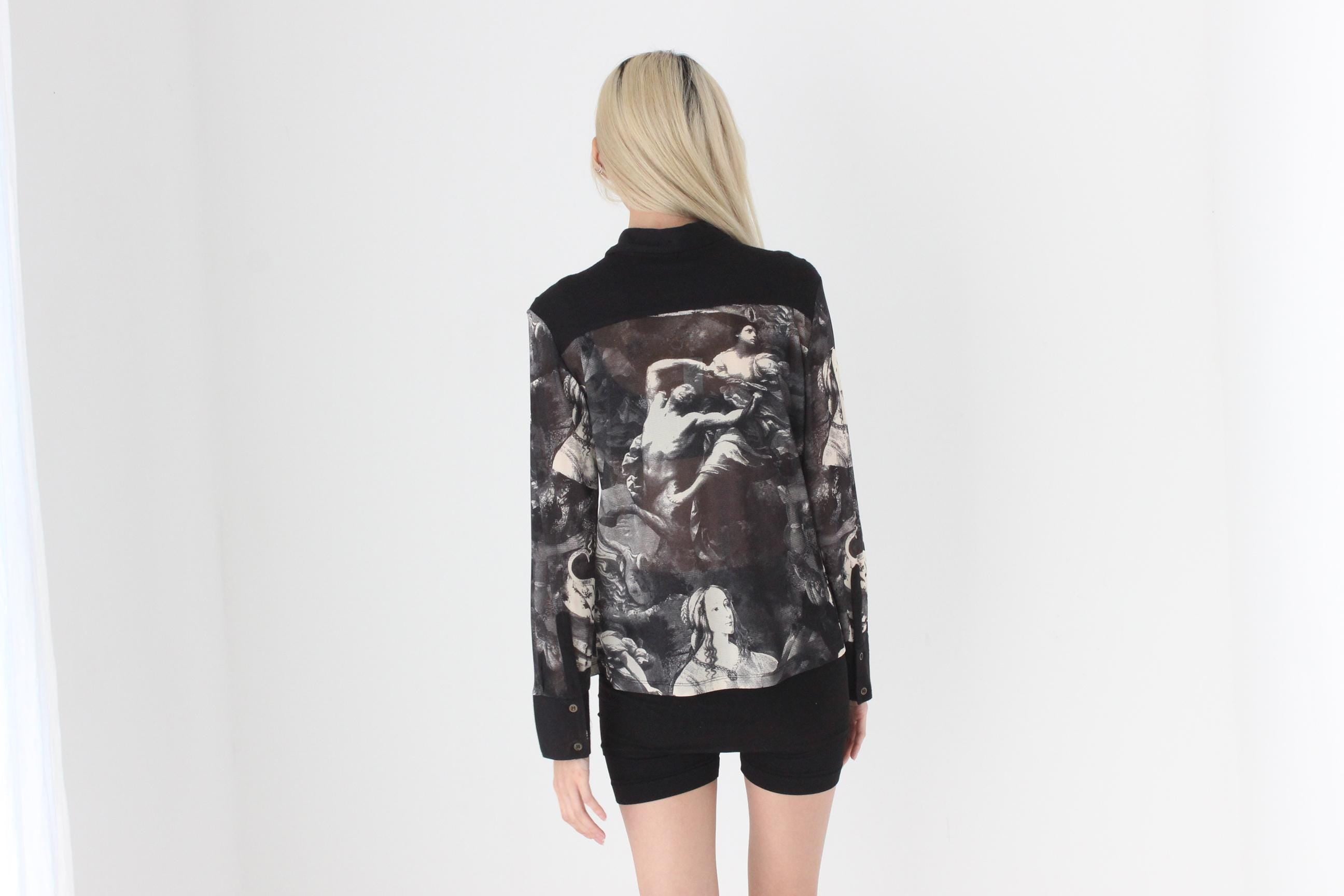 FUTURISM Original 90s Unreal Renaissance Monochromatic Abstract Printed Mesh Button Front Top