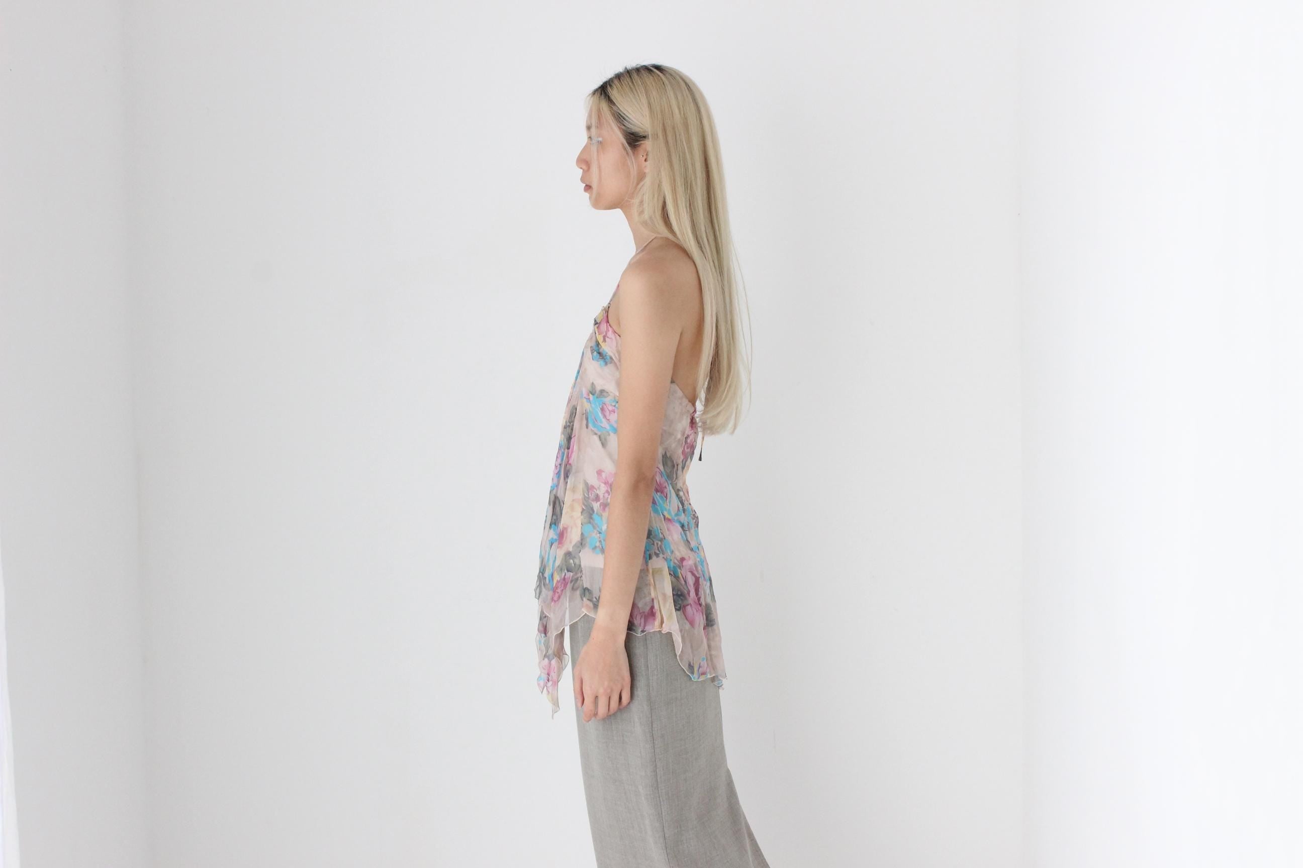 FUTURISM Y2K Pure Silk Floral Georgette Halter Top