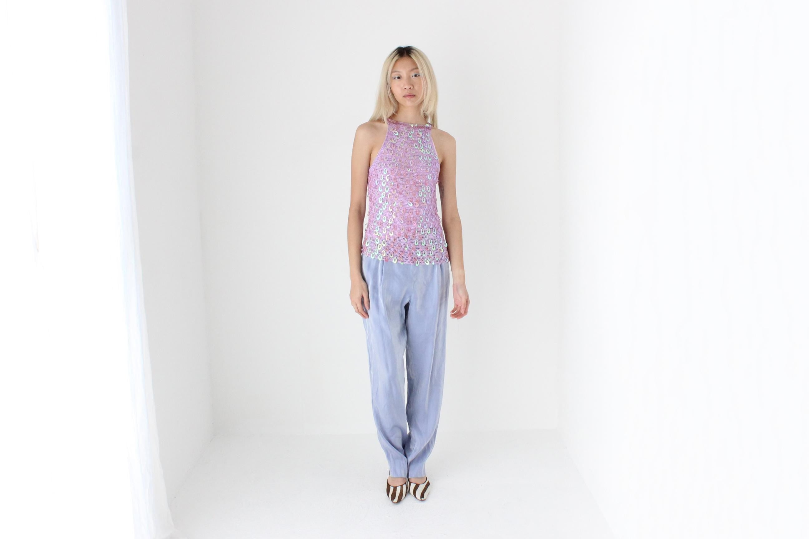 FUTURISM 90s Crochet Knit & Disc Sequin Top