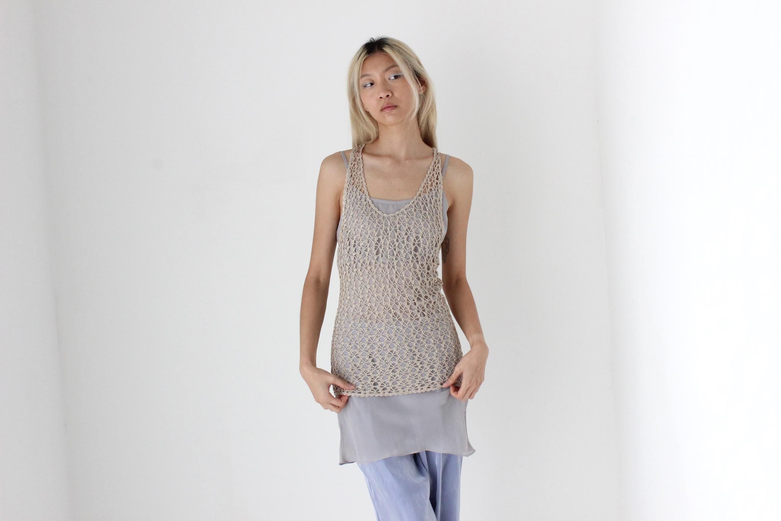 FUTURISM 2000s Neutral Knit Open Sheer Crochet Tank