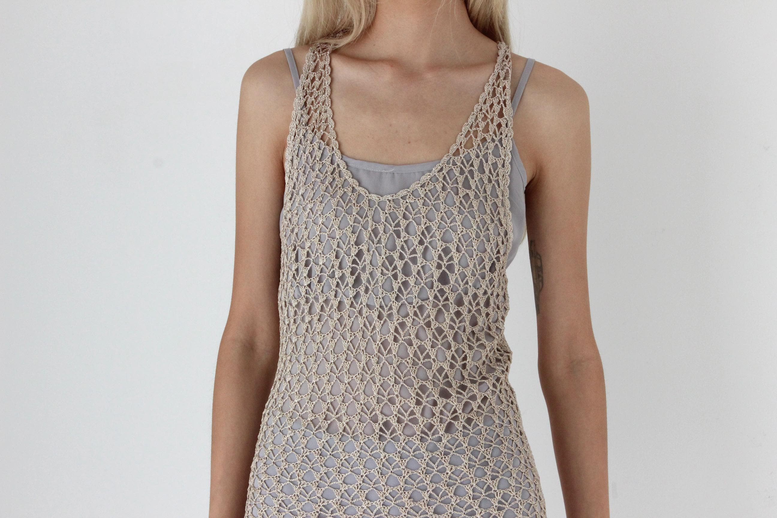 FUTURISM 2000s Neutral Knit Open Sheer Crochet Tank