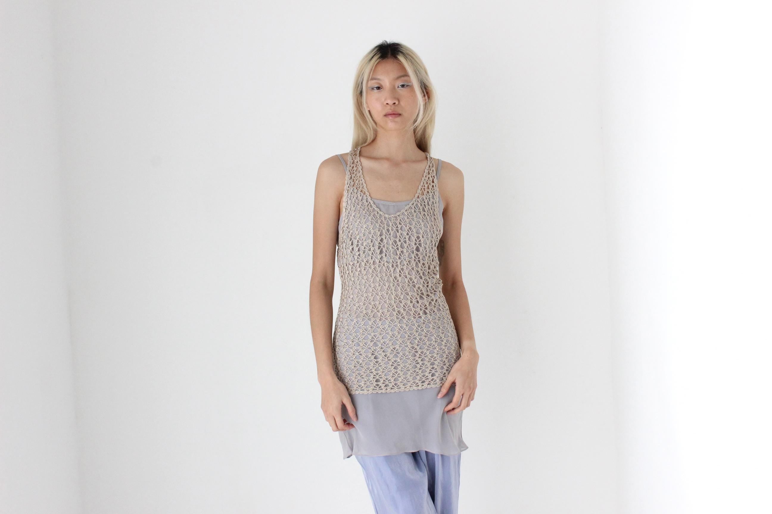 FUTURISM 2000s Neutral Knit Open Sheer Crochet Tank