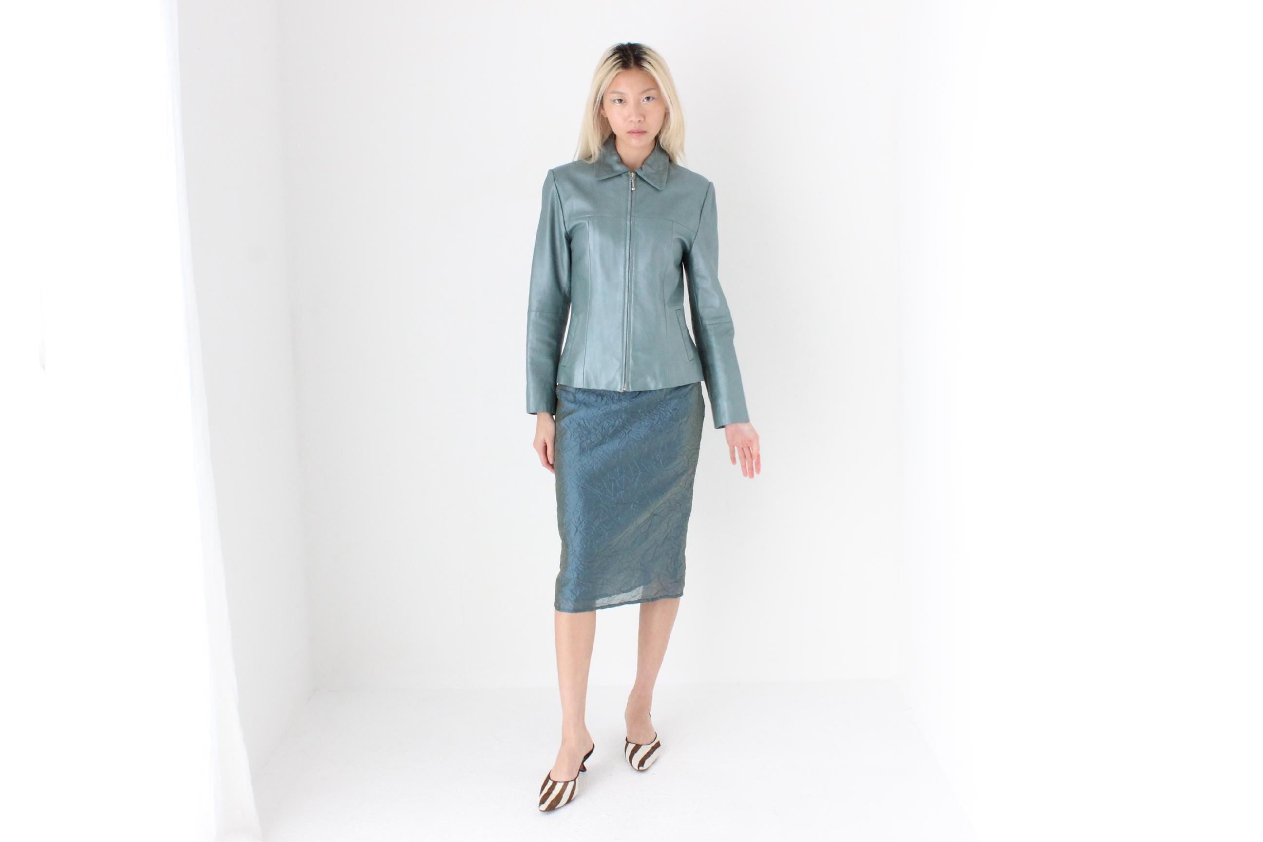 FUTURISM 90s Metallic Teal Genuine Leather Zip Front Jacket