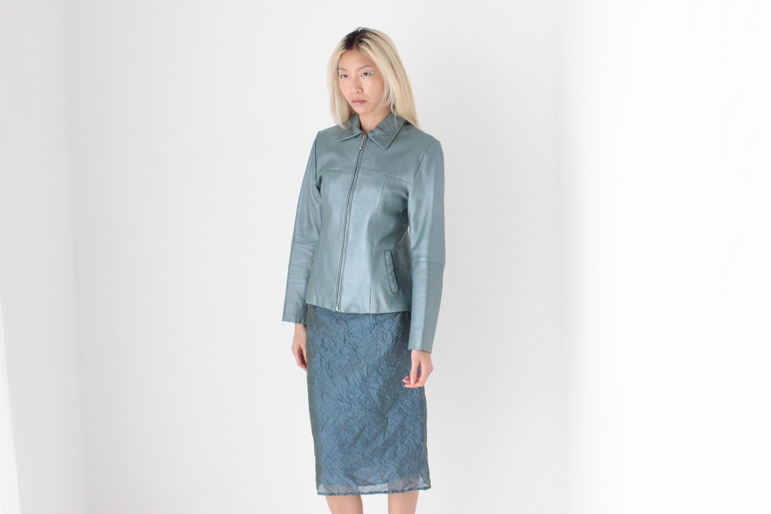 FUTURISM 90s Metallic Teal Genuine Leather Zip Front Jacket