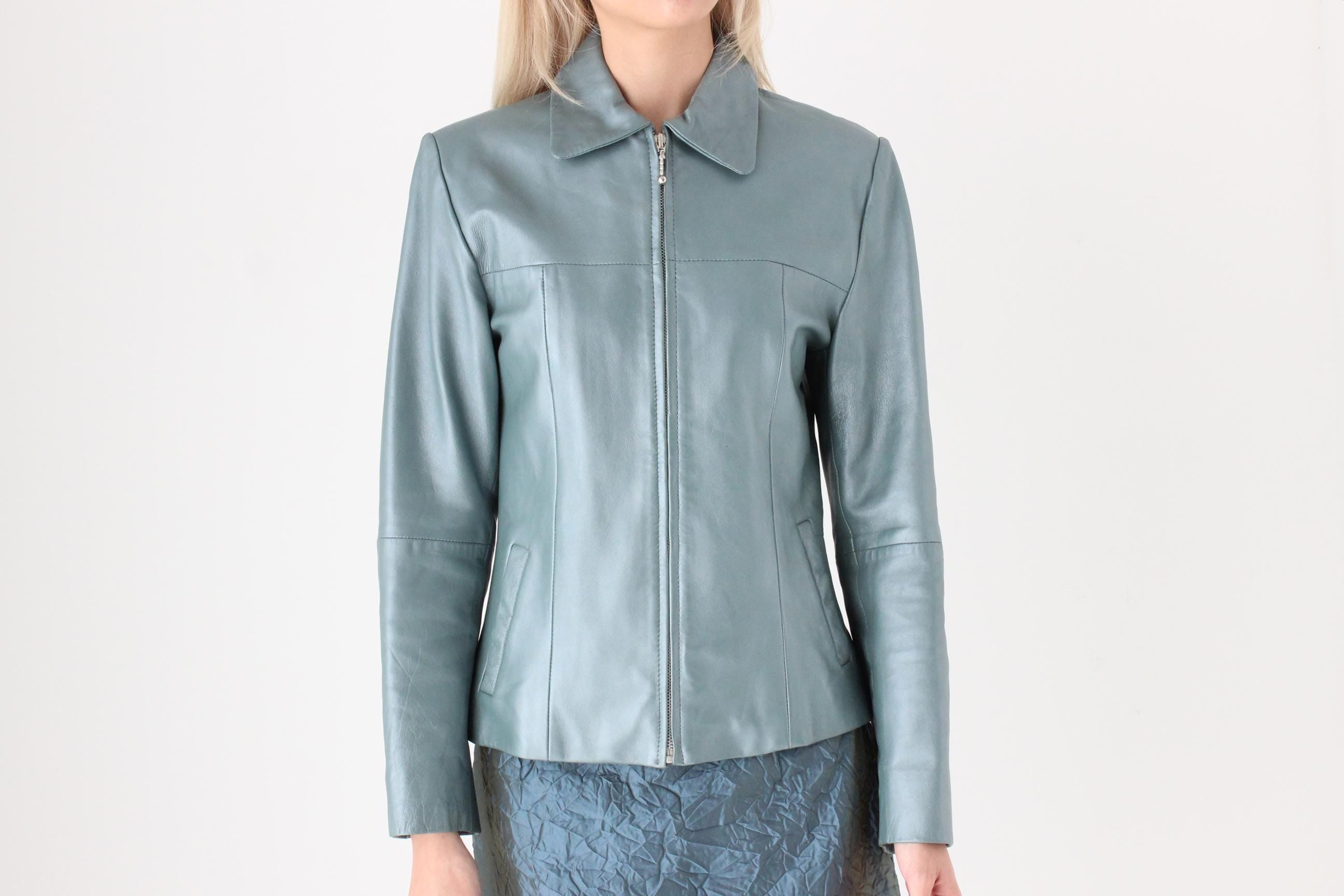 FUTURISM 90s Metallic Teal Genuine Leather Zip Front Jacket