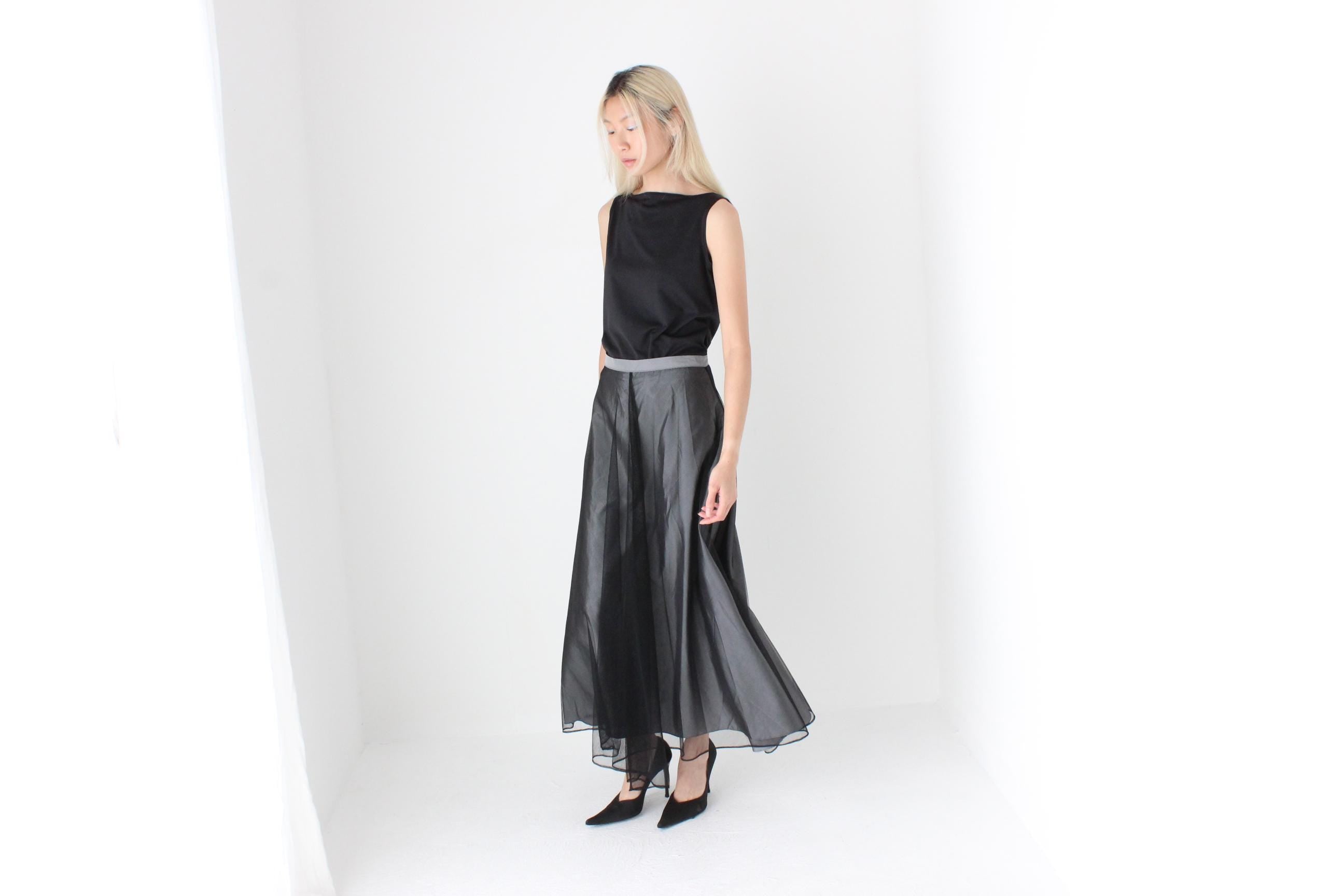FUTURISM 90s Silver Taffeta & Black Tulle Maxi Skirt
