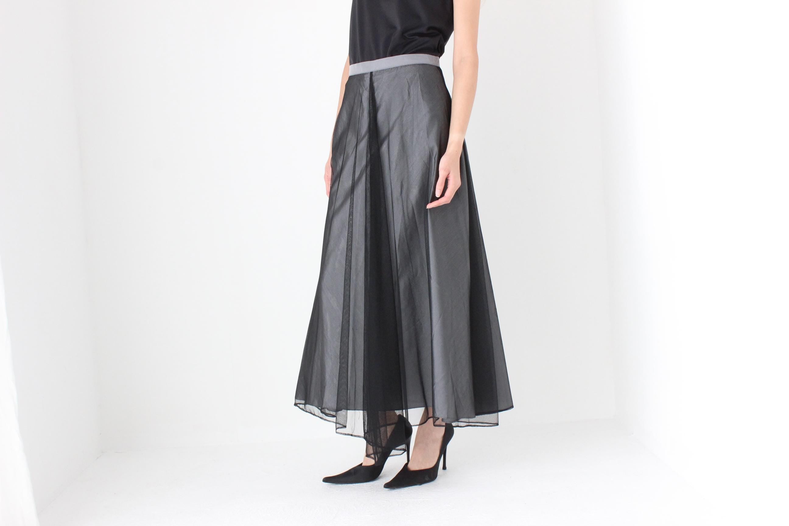 FUTURISM 90s Silver Taffeta & Black Tulle Maxi Skirt