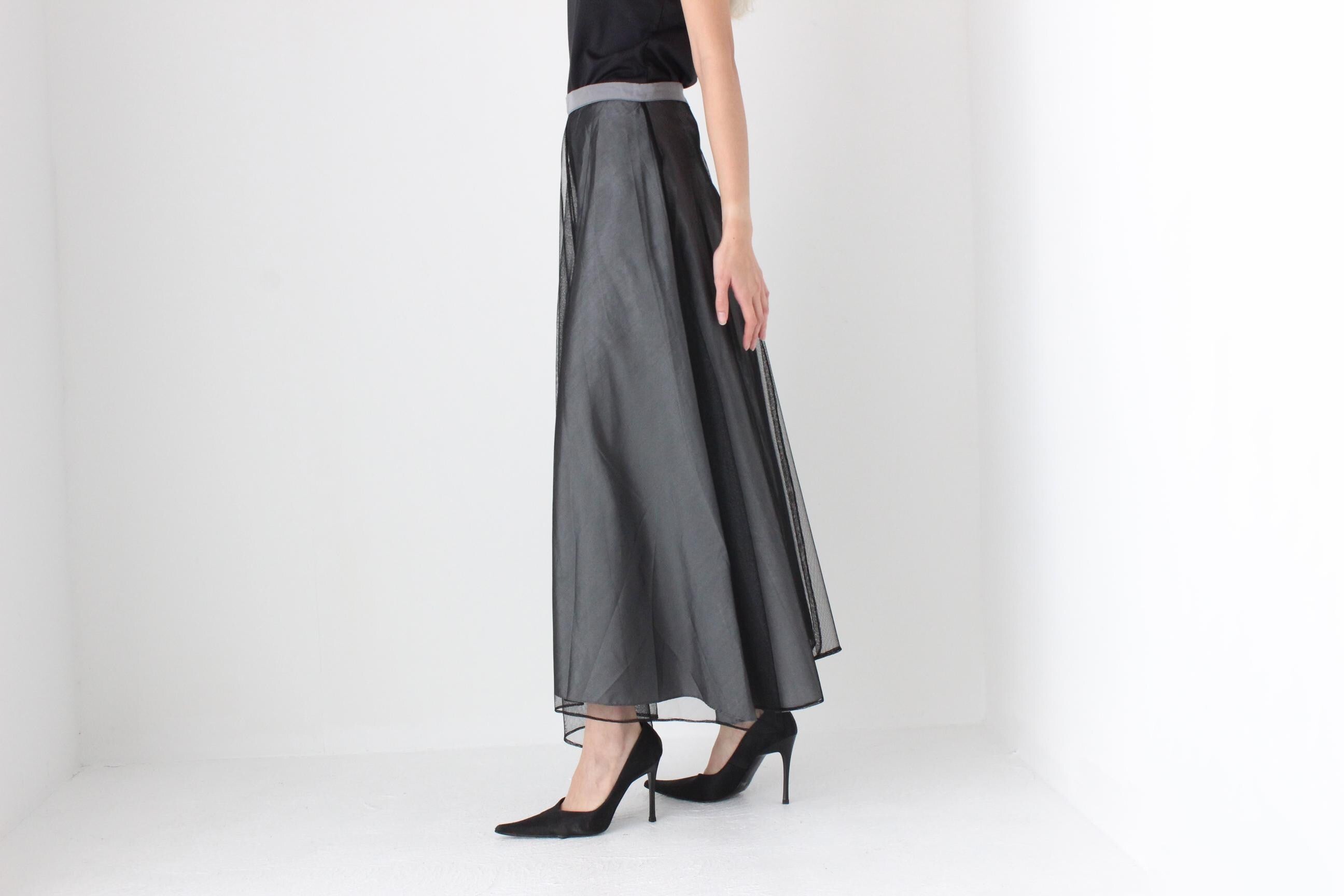 FUTURISM 90s Silver Taffeta & Black Tulle Maxi Skirt