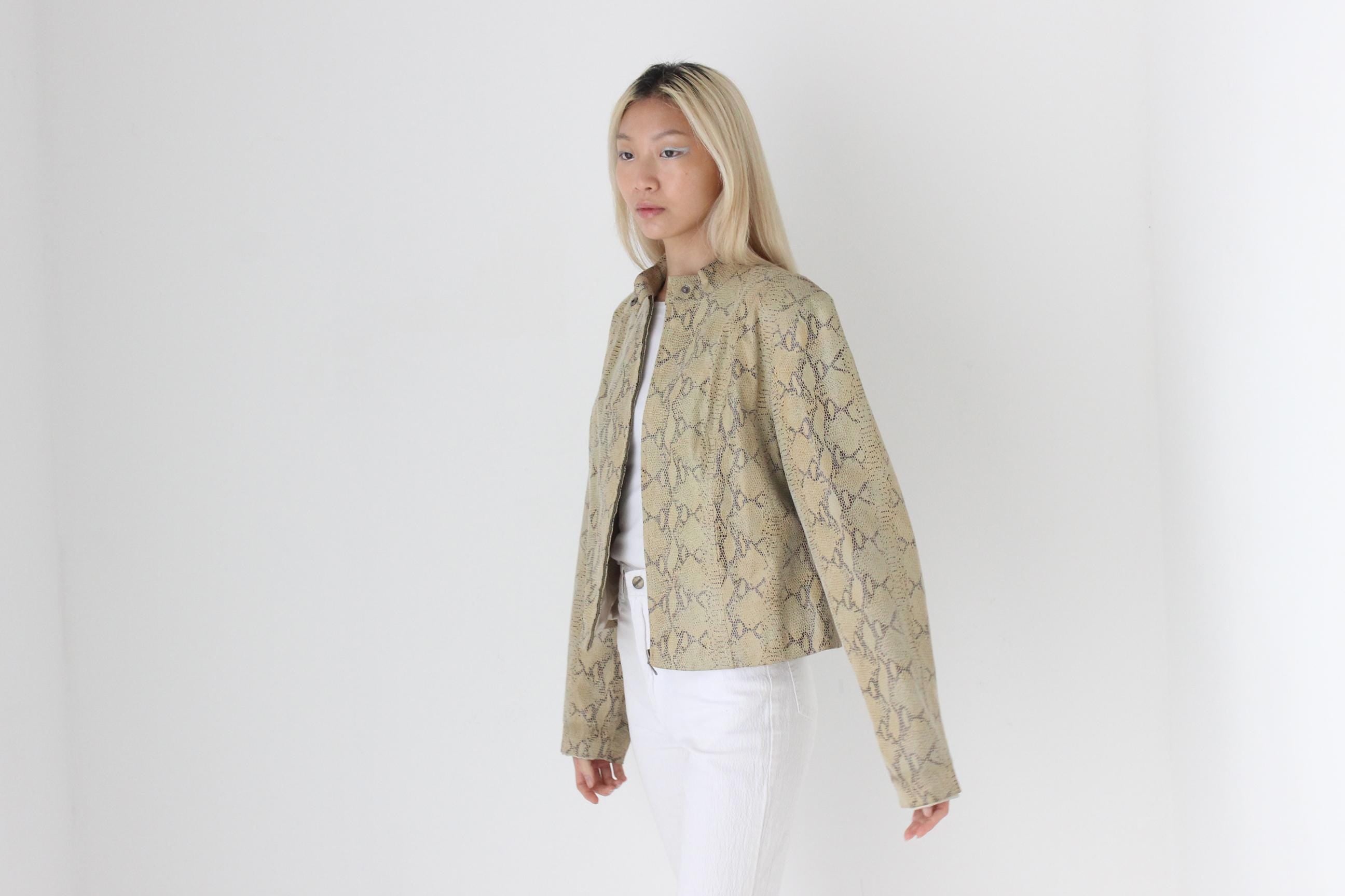 FUTURISM 90s Genuine Leather Moto Jacket w/ Snakeskin Finish