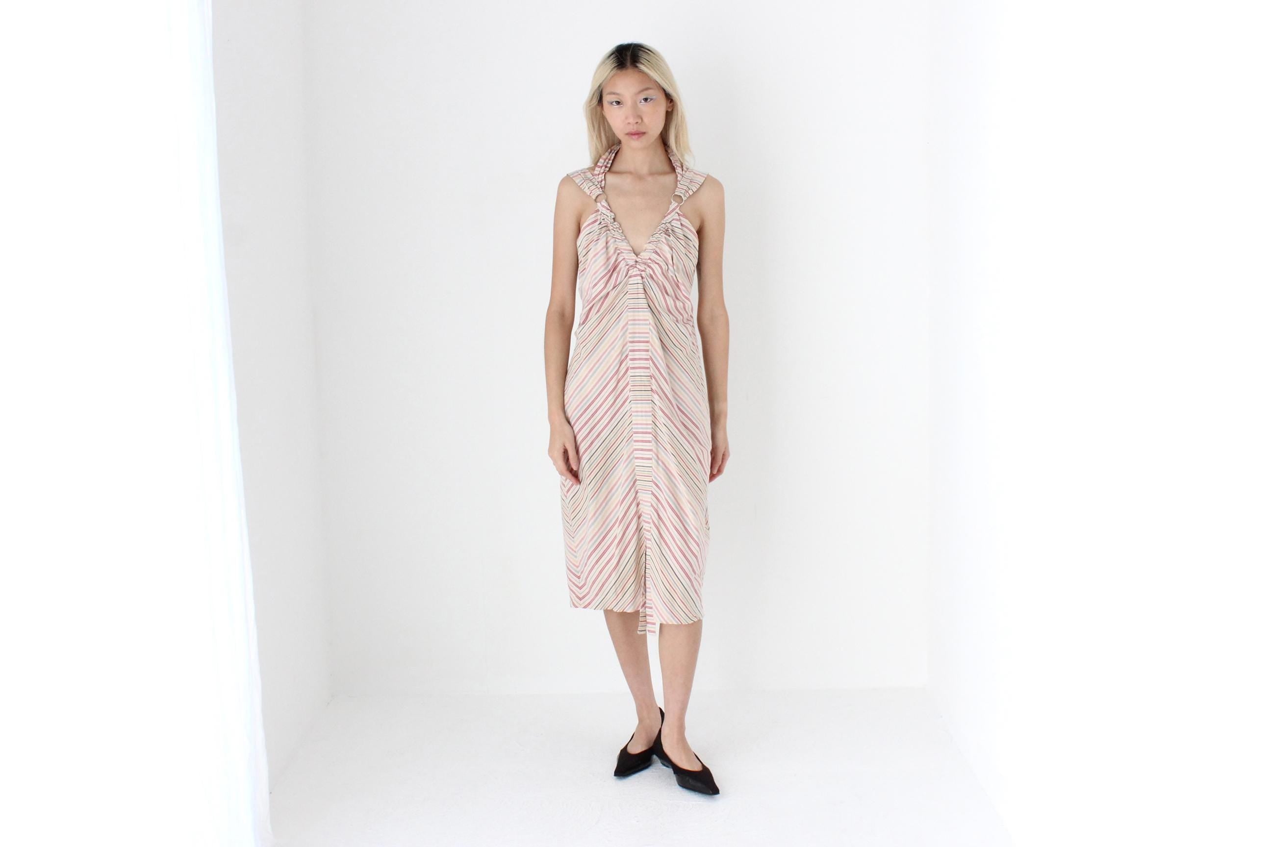 FUTURISM Y2K Designer Relaxed Pastel Striped Dress w/ O-Ring Details