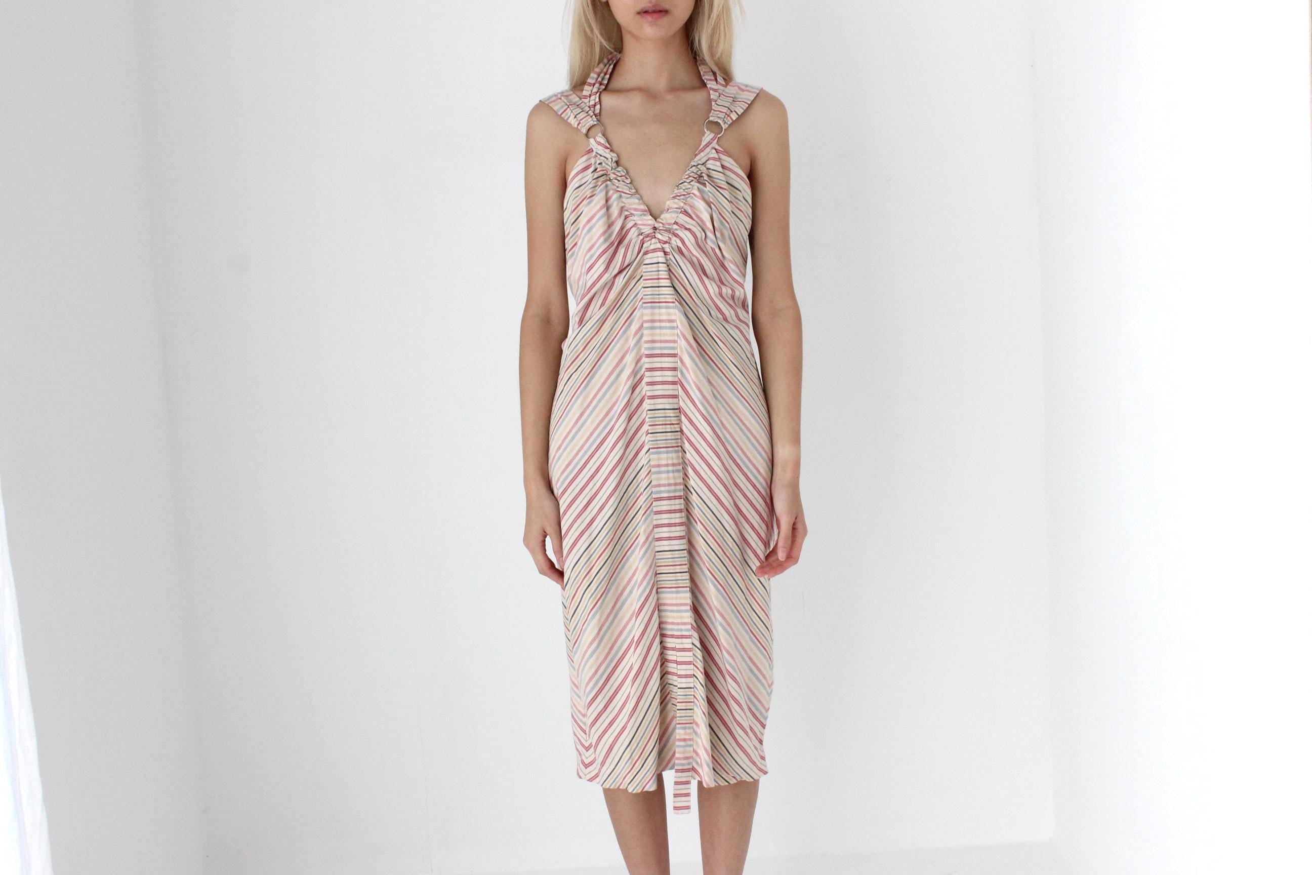 FUTURISM Y2K Designer Relaxed Pastel Striped Dress w/ O-Ring Details