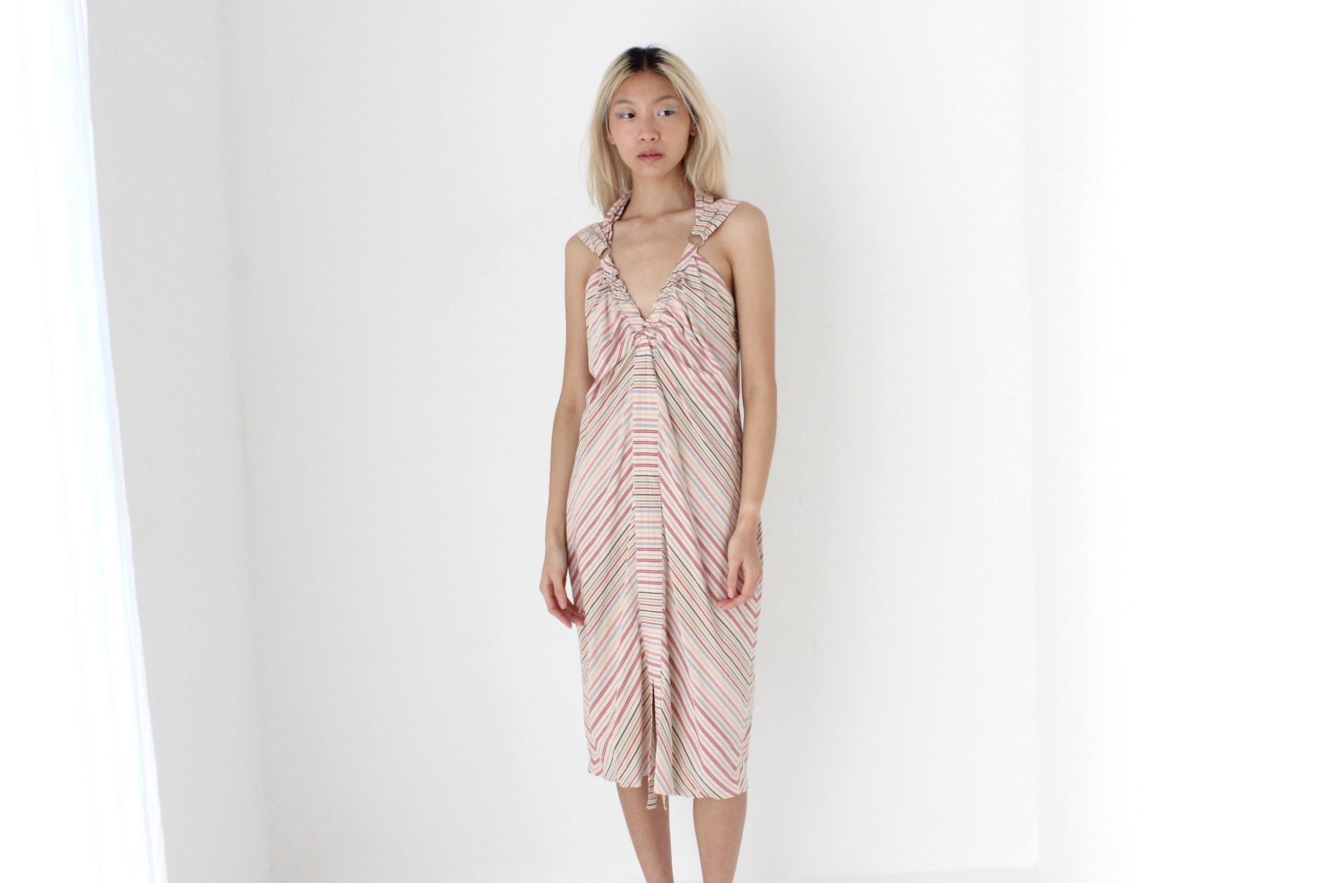 FUTURISM Y2K Designer Relaxed Pastel Striped Dress w/ O-Ring Details