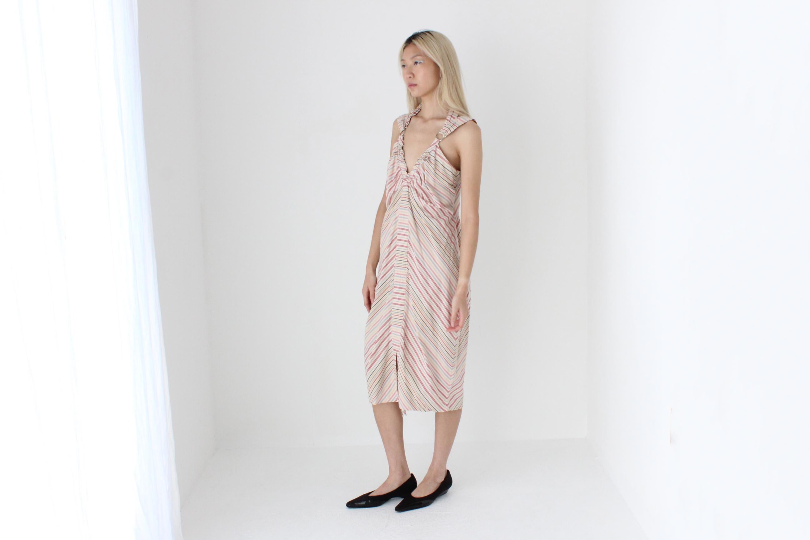 FUTURISM Y2K Designer Relaxed Pastel Striped Dress w/ O-Ring Details