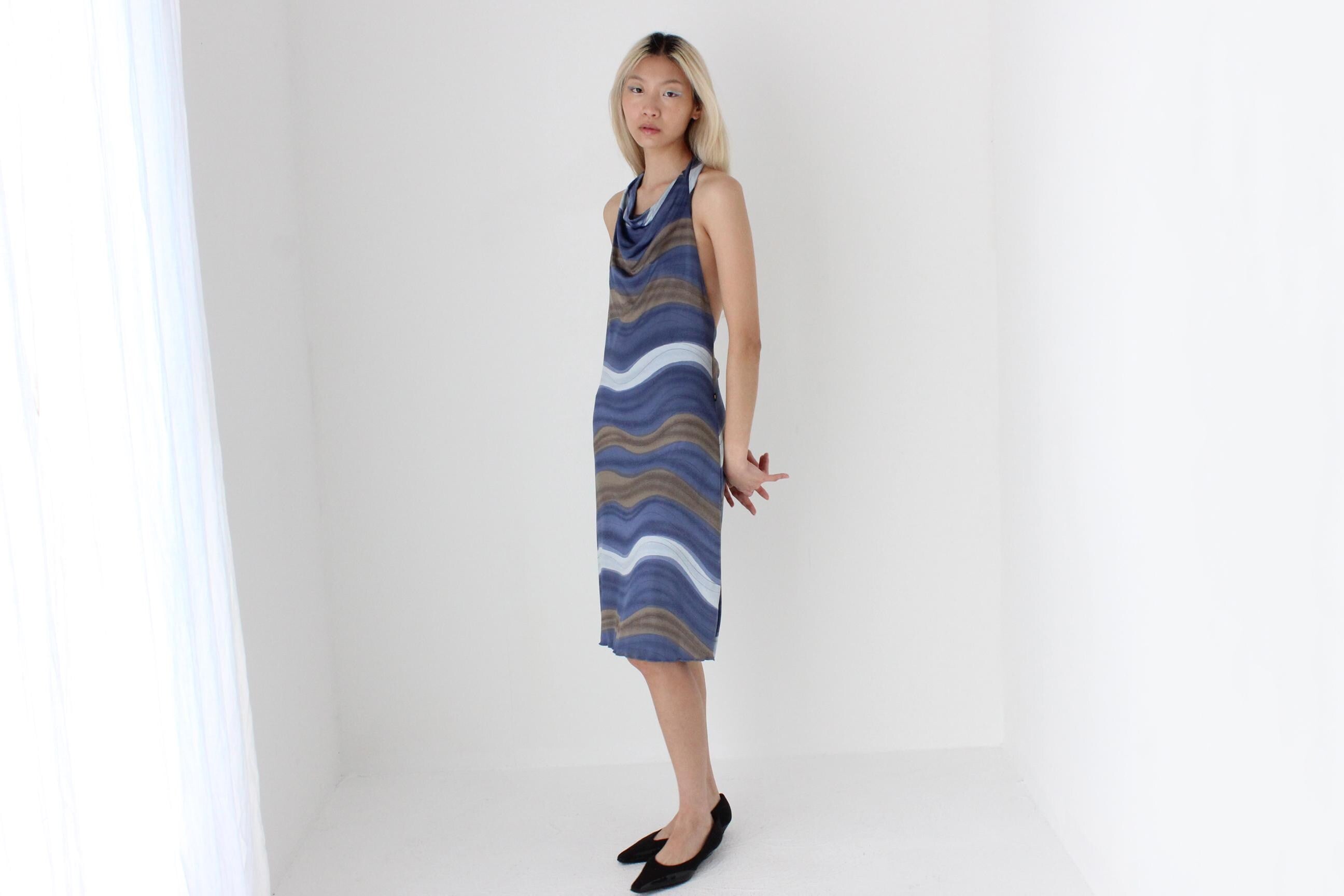 FUTURISM Y2K Slinky Swirly Abstract Halter Dress