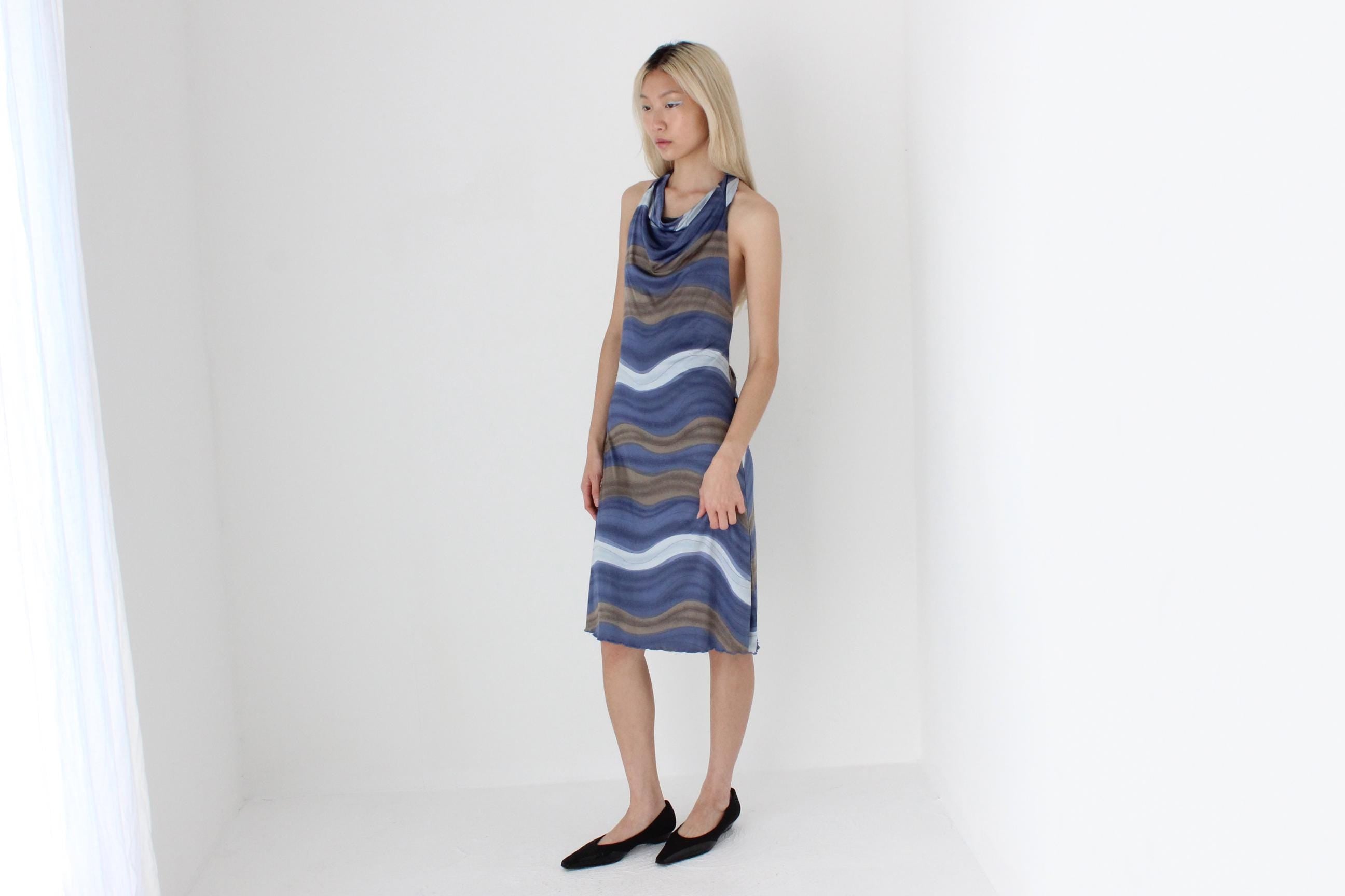 FUTURISM Y2K Slinky Swirly Abstract Halter Dress