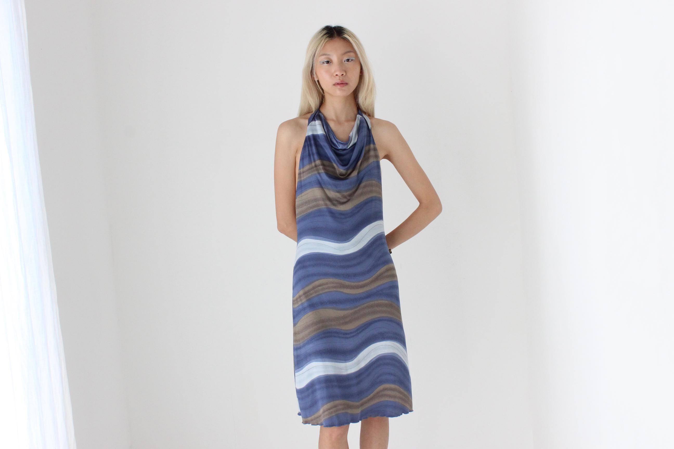 FUTURISM Y2K Slinky Swirly Abstract Halter Dress