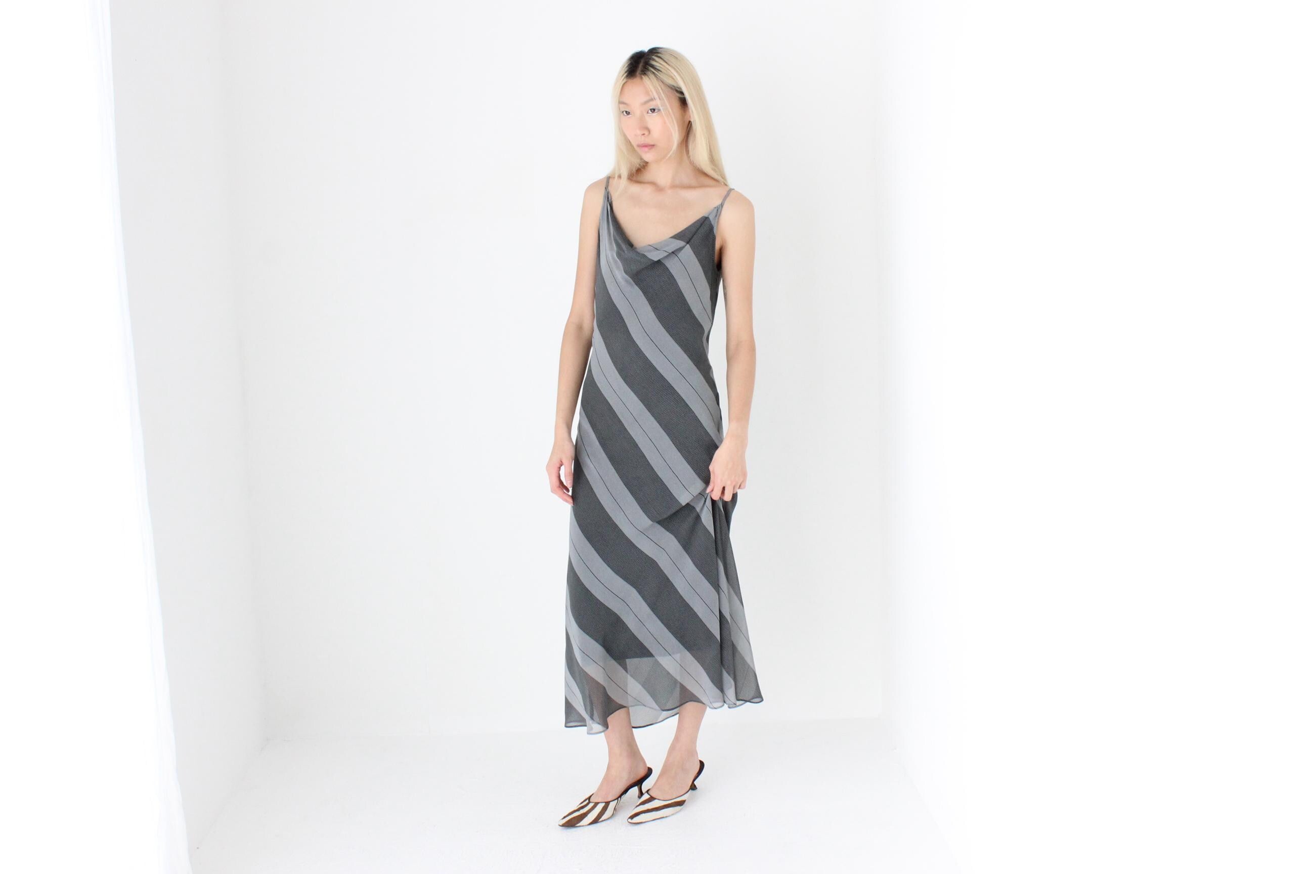 FUTURISM Y2K Monochrome Stripe Bias Cut Slip Dress