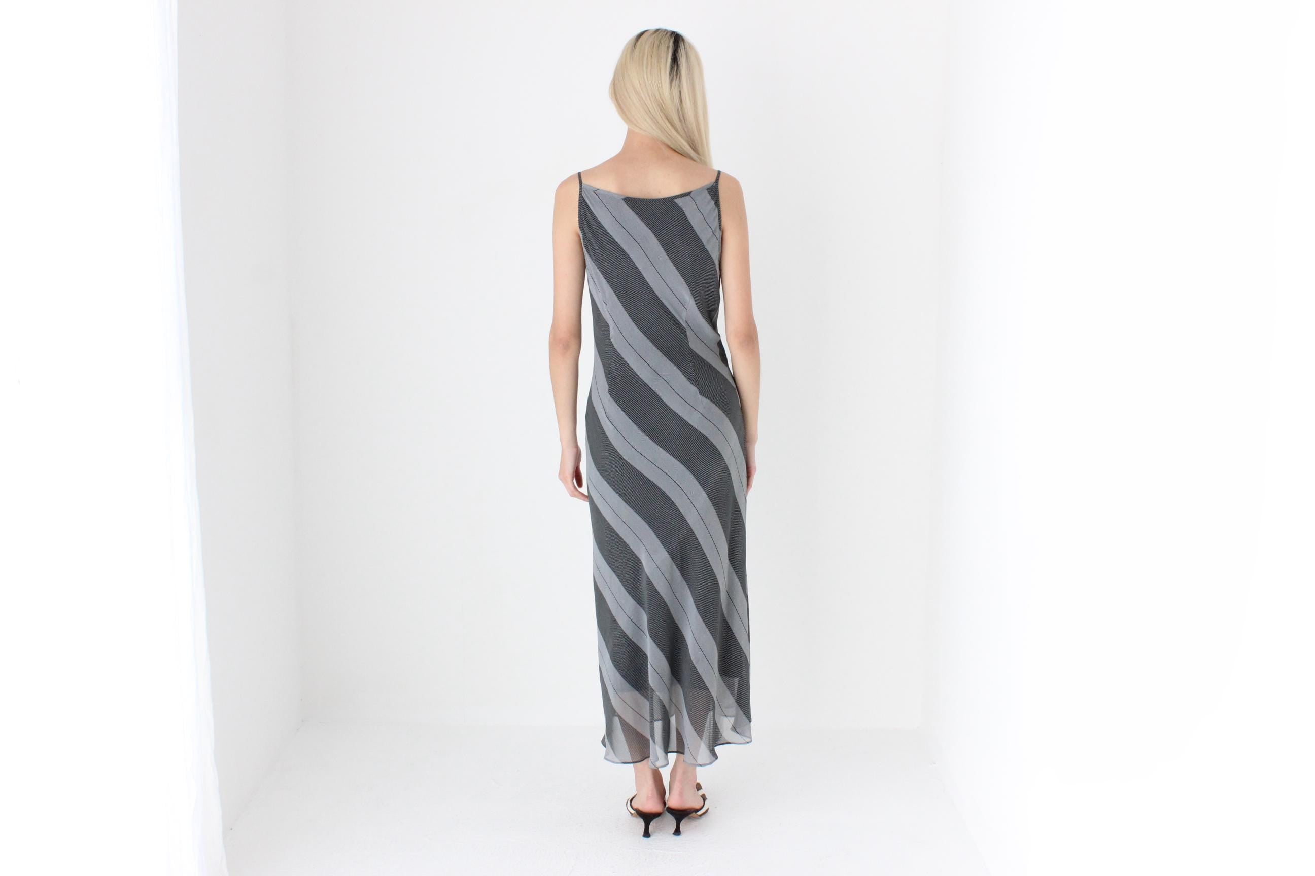 FUTURISM Y2K Monochrome Stripe Bias Cut Slip Dress